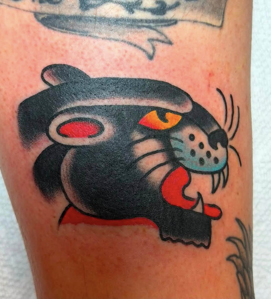 Cat American traditional tattoo on the forearm by Jon Anderson