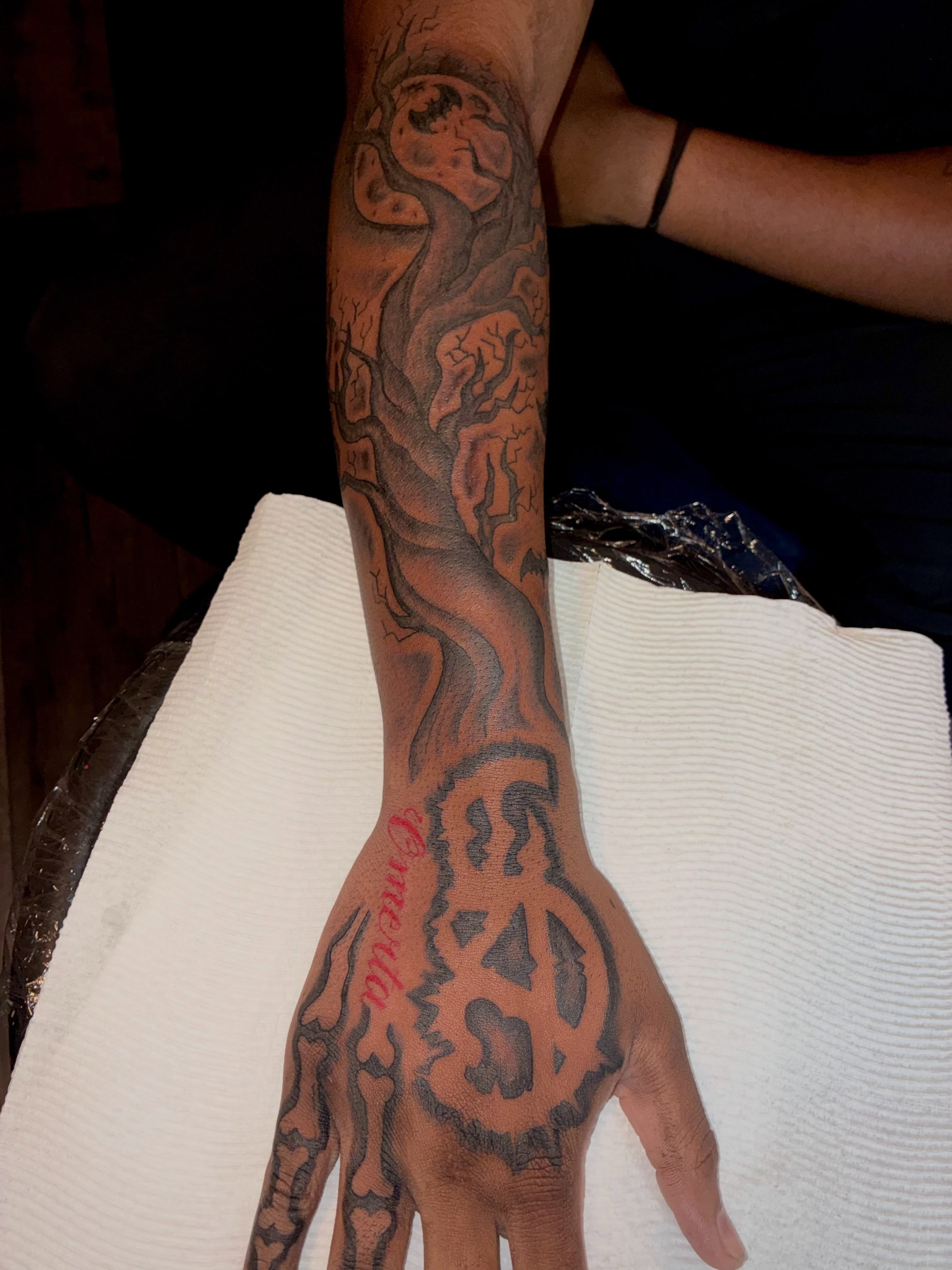 Abstract tree black and grey tattoo on the hand by Sonya son tattoos and piercings