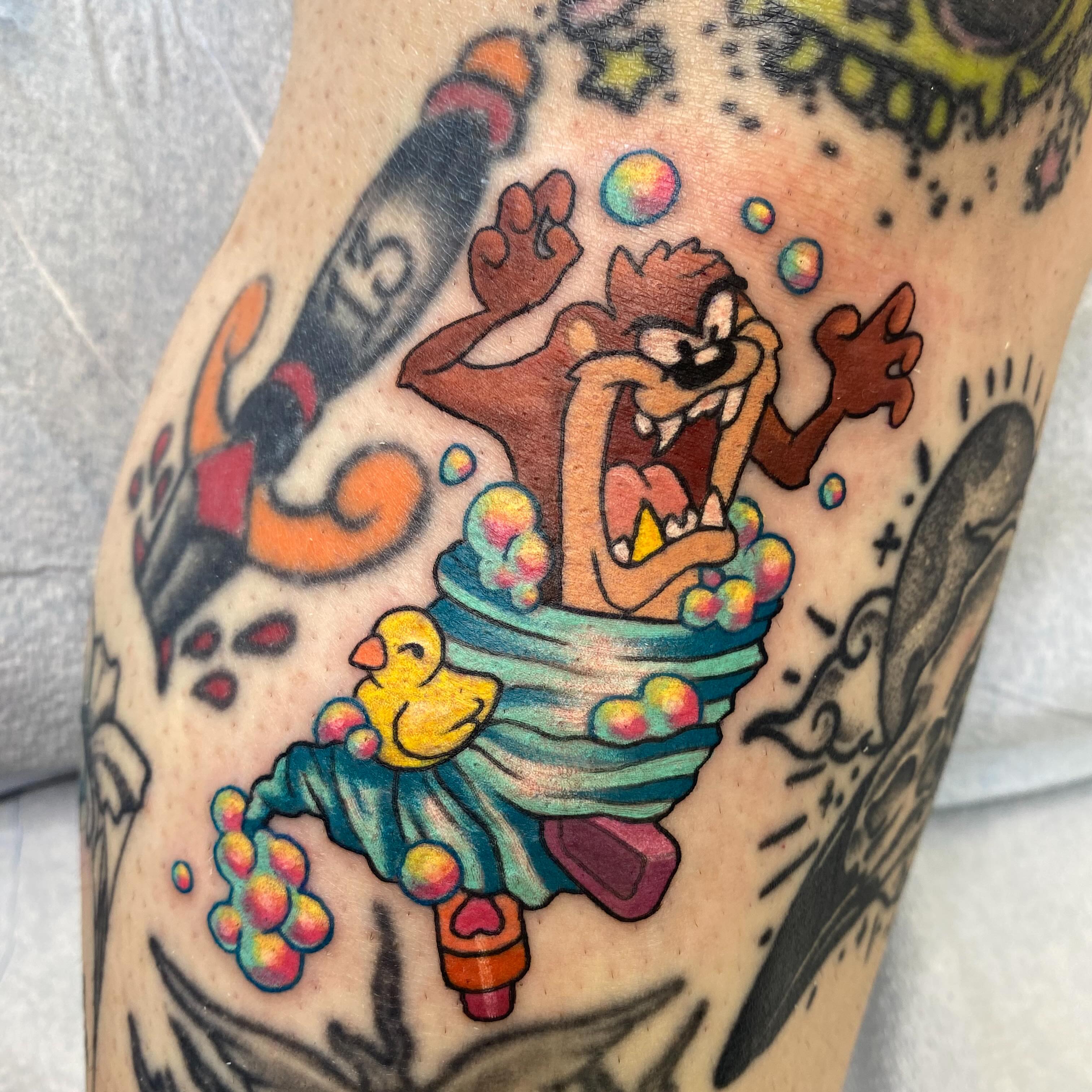 Tazmanian Devil American traditional tattoo on the forearm by Kellsey Mull