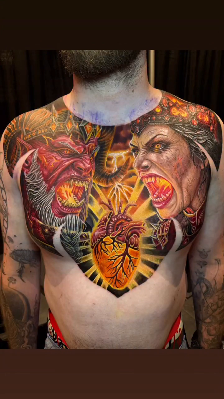 Demon and anatomical heart realism tattoo by Zac Pedrosa