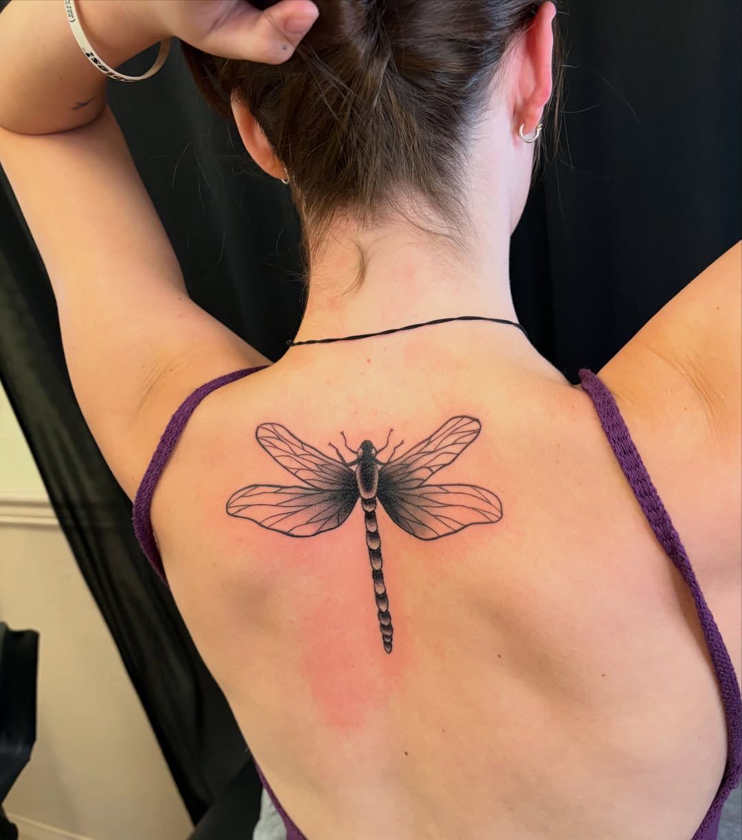 Dragonfly realism tattoo on the back by Tattoo Artist Lilliann:)