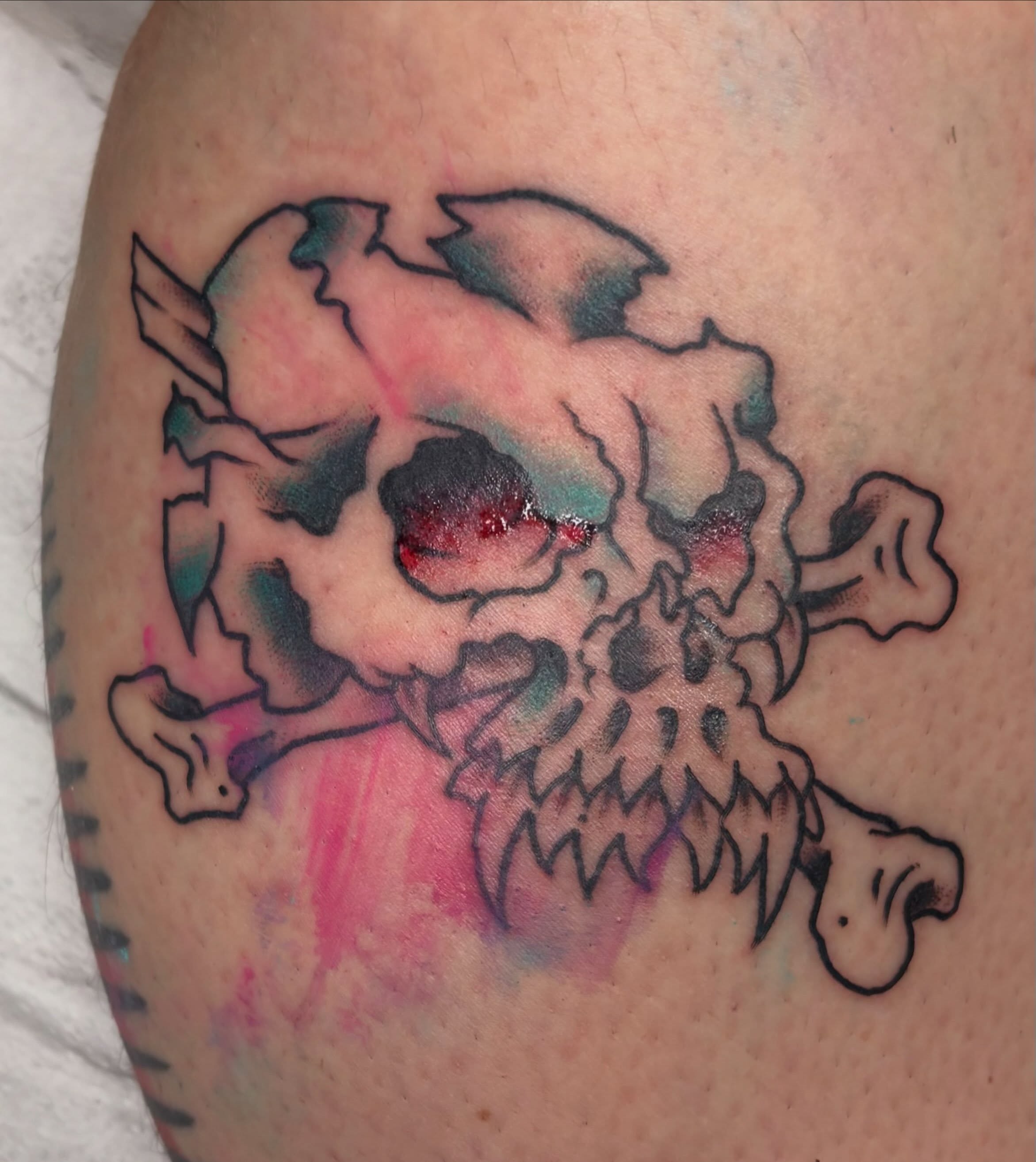 Skull and crossbones watercolor tattoo on the thigh by ★ eliza rodriguez🇲🇽 ★