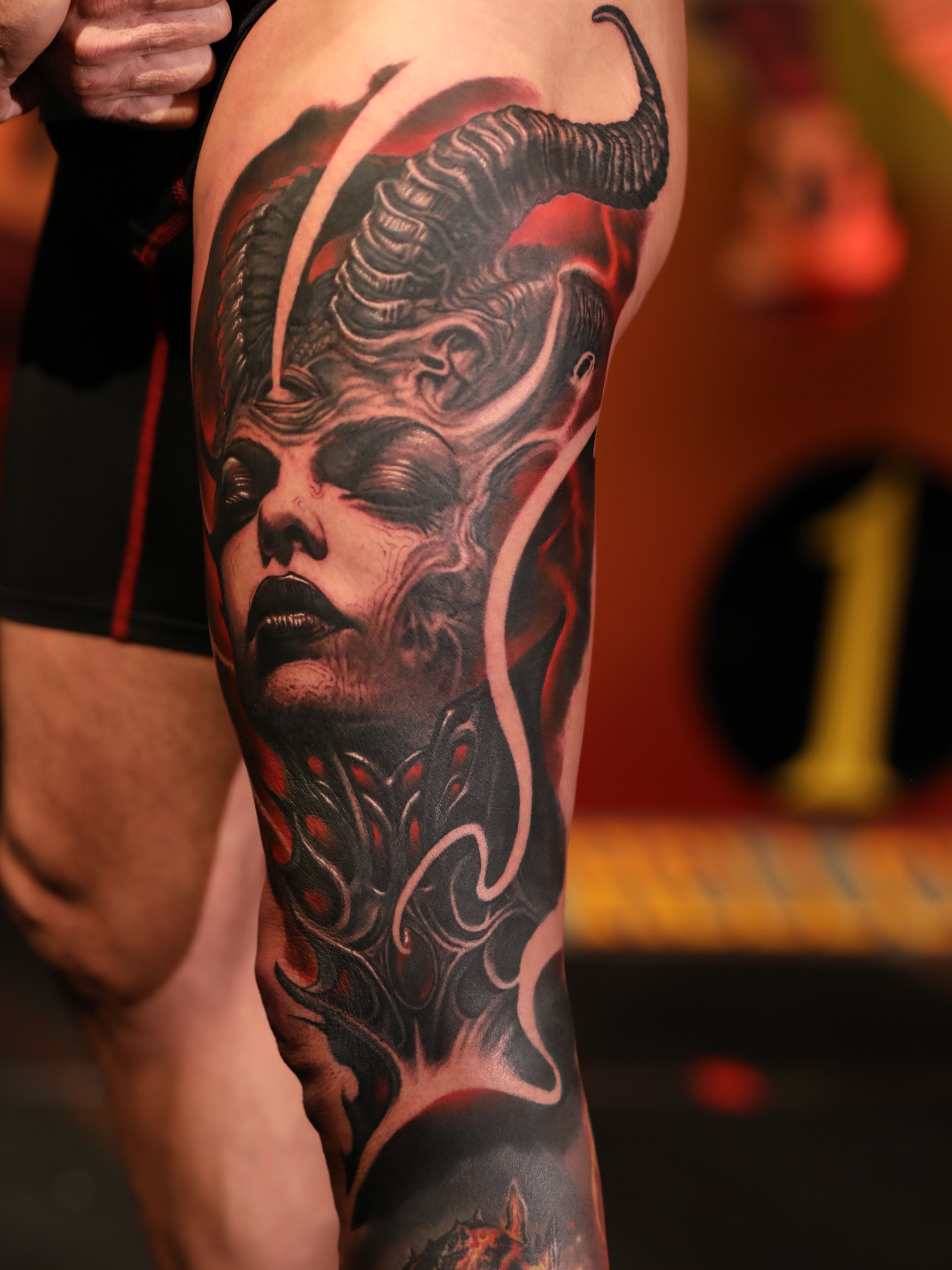 Demon woman dark realism tattoo on the forearm by Durb