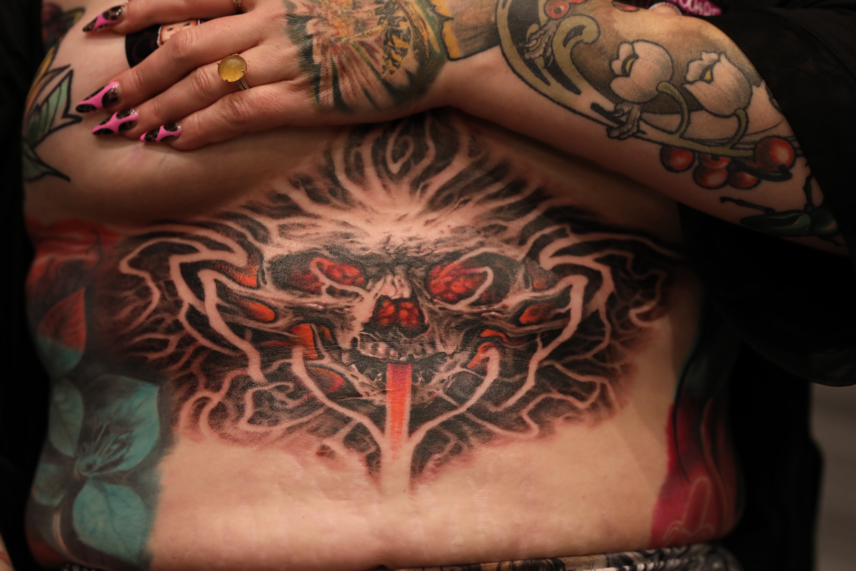 Skull dark realism tattoo on the chest by Durb