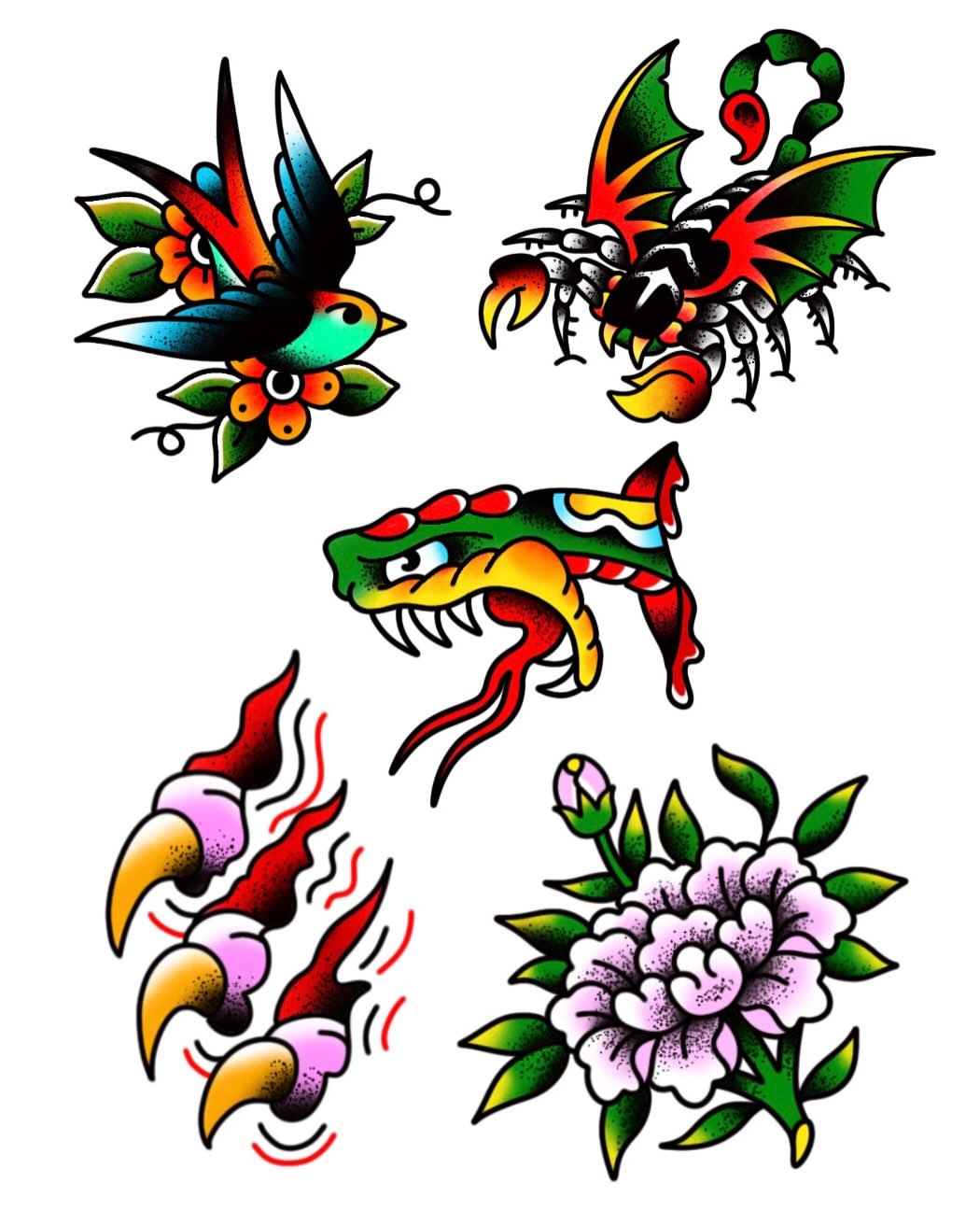 Bird, dragon, snake, flower American traditional tattoo by Dennis Patterson