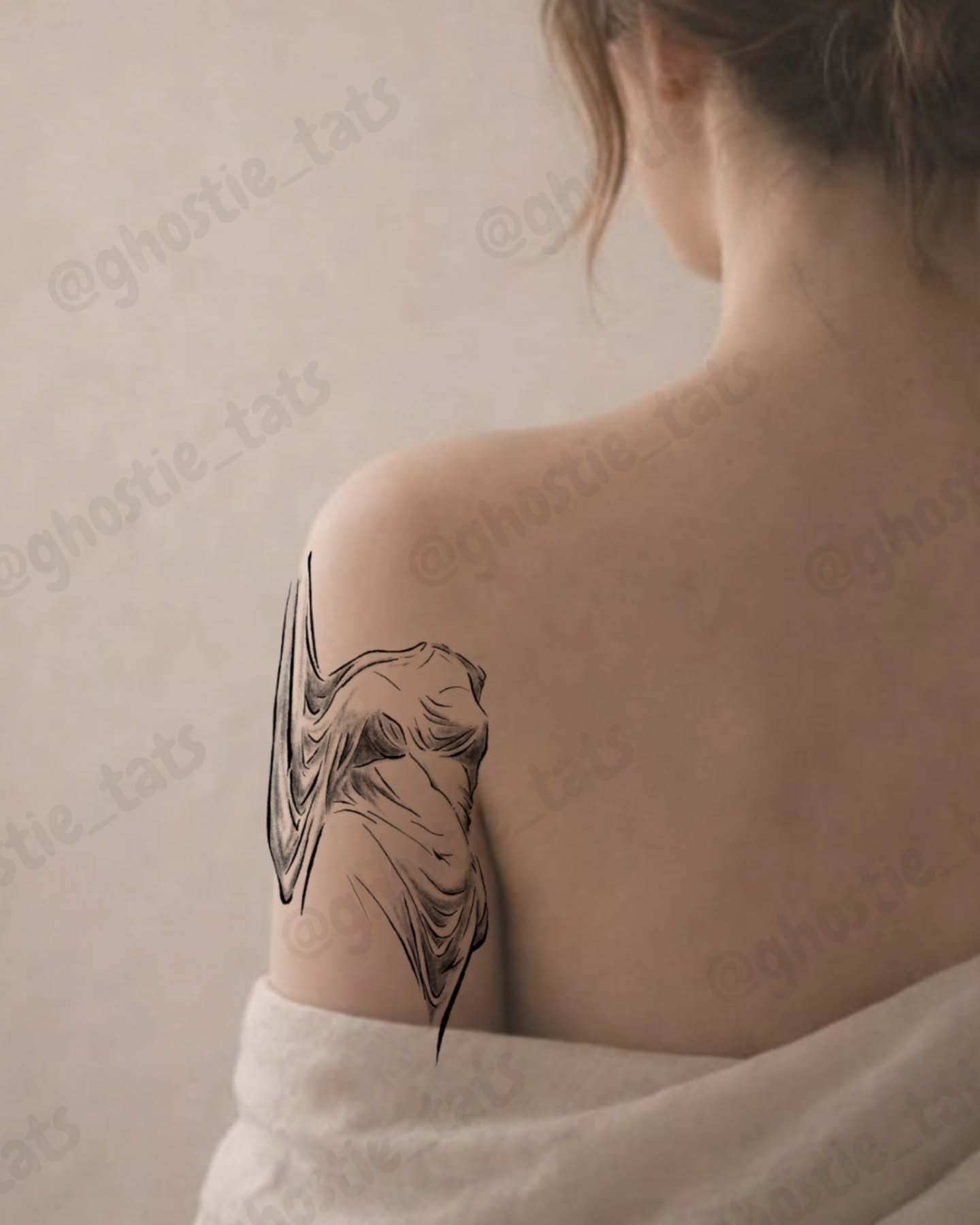 Winged figure realism tattoo on the shoulder by Lina ๐ป