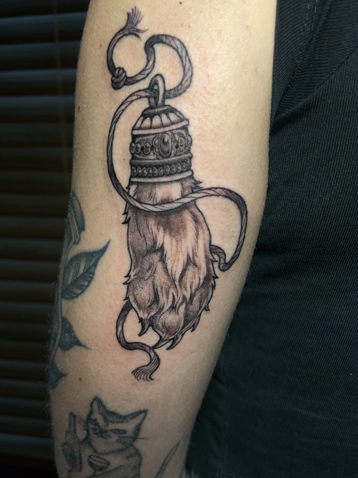 Teapot with cat tail black and grey tattoo on the forearm by Eryn, Portland, Oregon