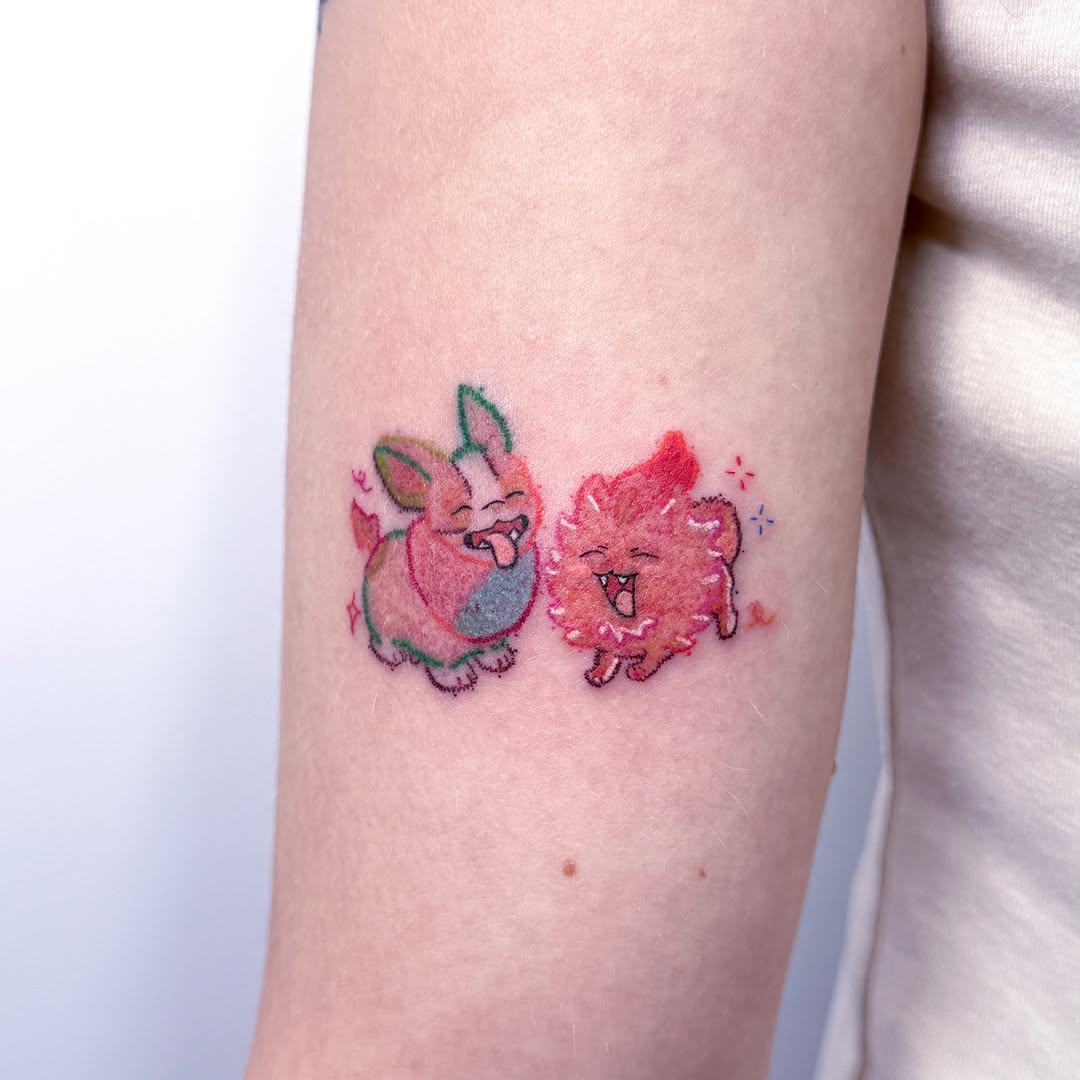 Two cartoon characters illustrative tattoo on the forearm by Yez tattoo
