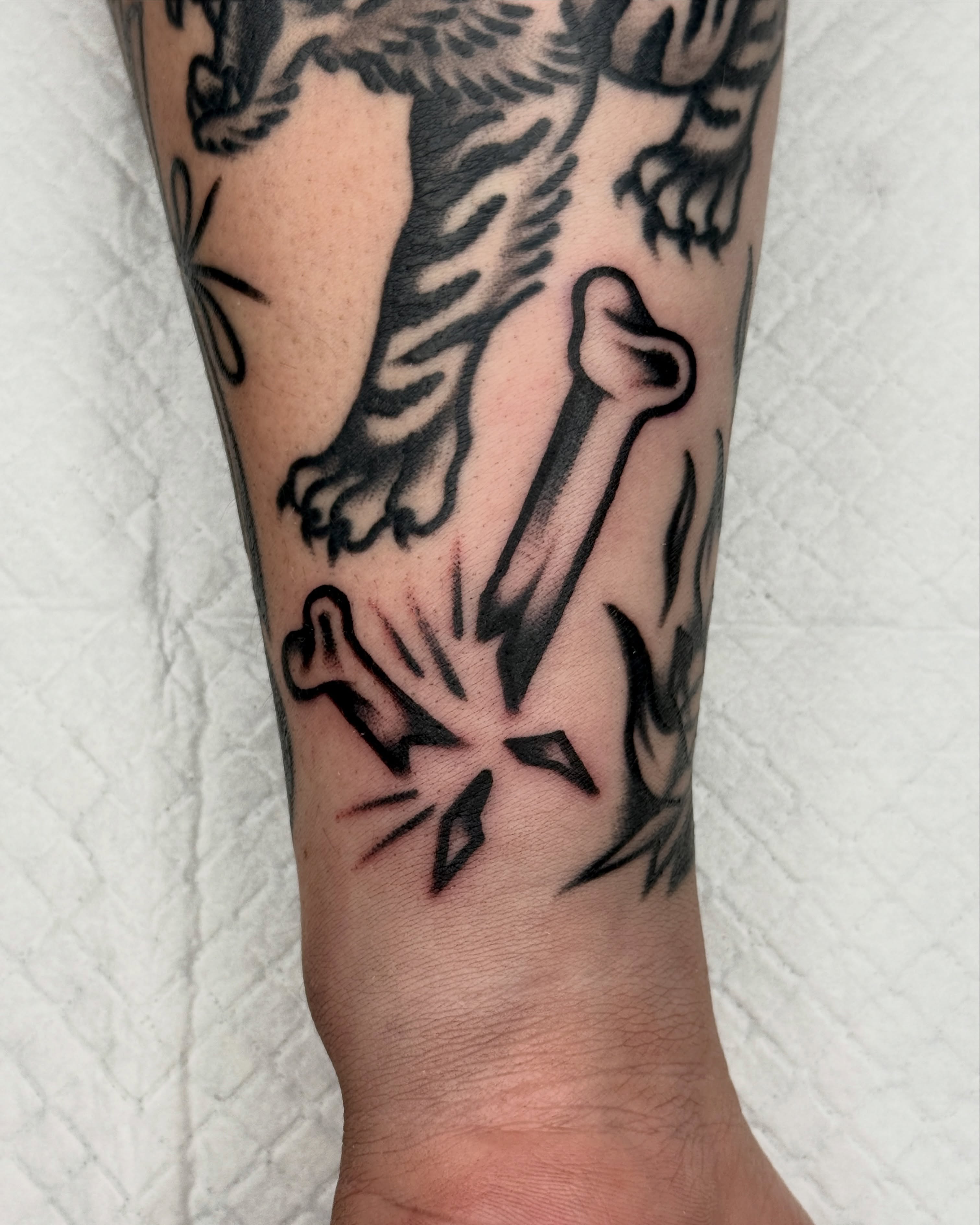 Lion and bone black and grey tattoo on the forearm by 올드스쿨타투 블랙스쿨타투 부천타투 알로