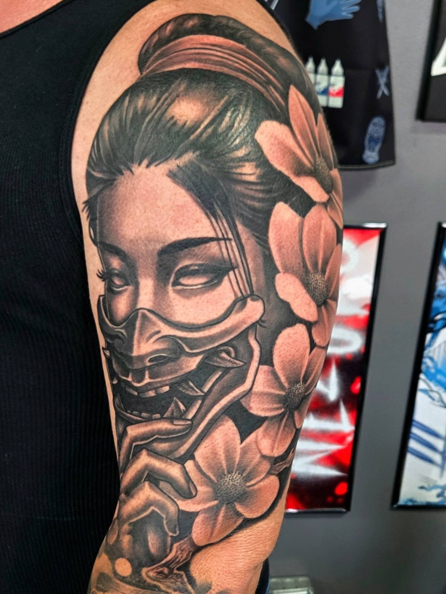 Geisha with flowers japanese irezumi tattoo on the forearm by Cee Vann, Greensboro, North Carolina