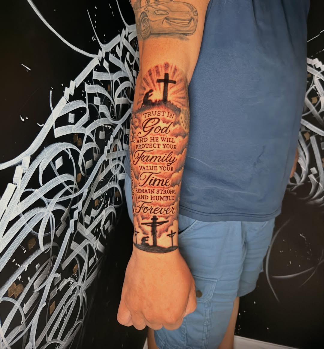 Religious message lettering script tattoo on the forearm by Junior Sanchez Dfw