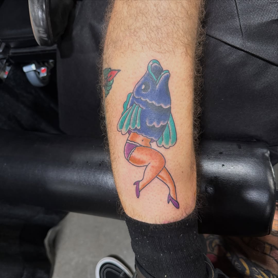 Fish woman American traditional tattoo on the forearm by Matt Hattaway