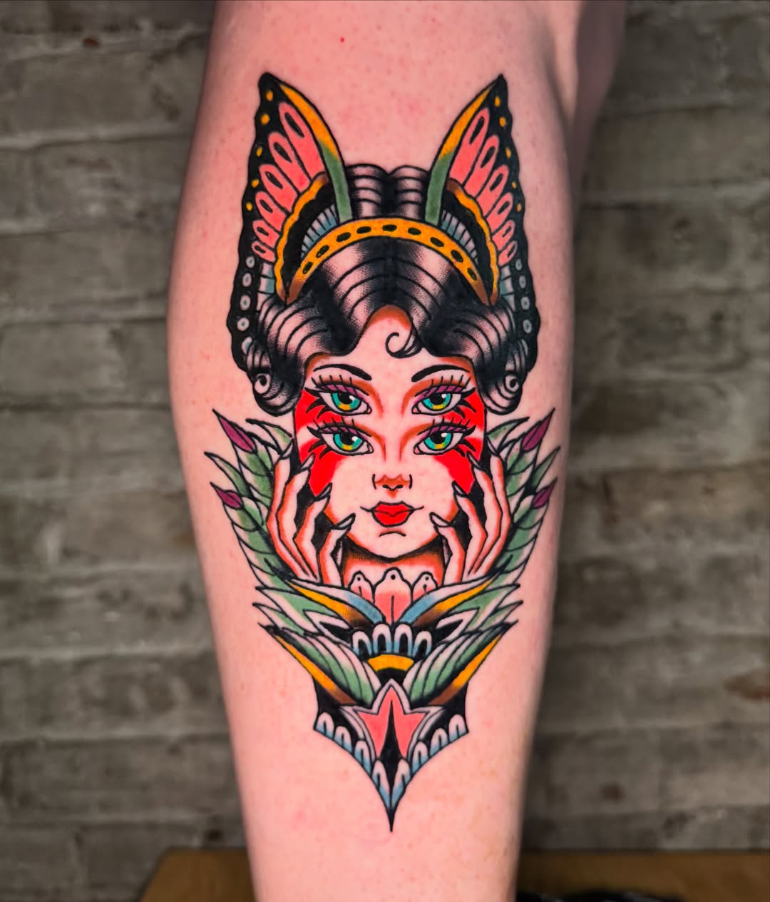 Woman with cat ears American traditional tattoo on the thigh by @michaelryan_tattoo