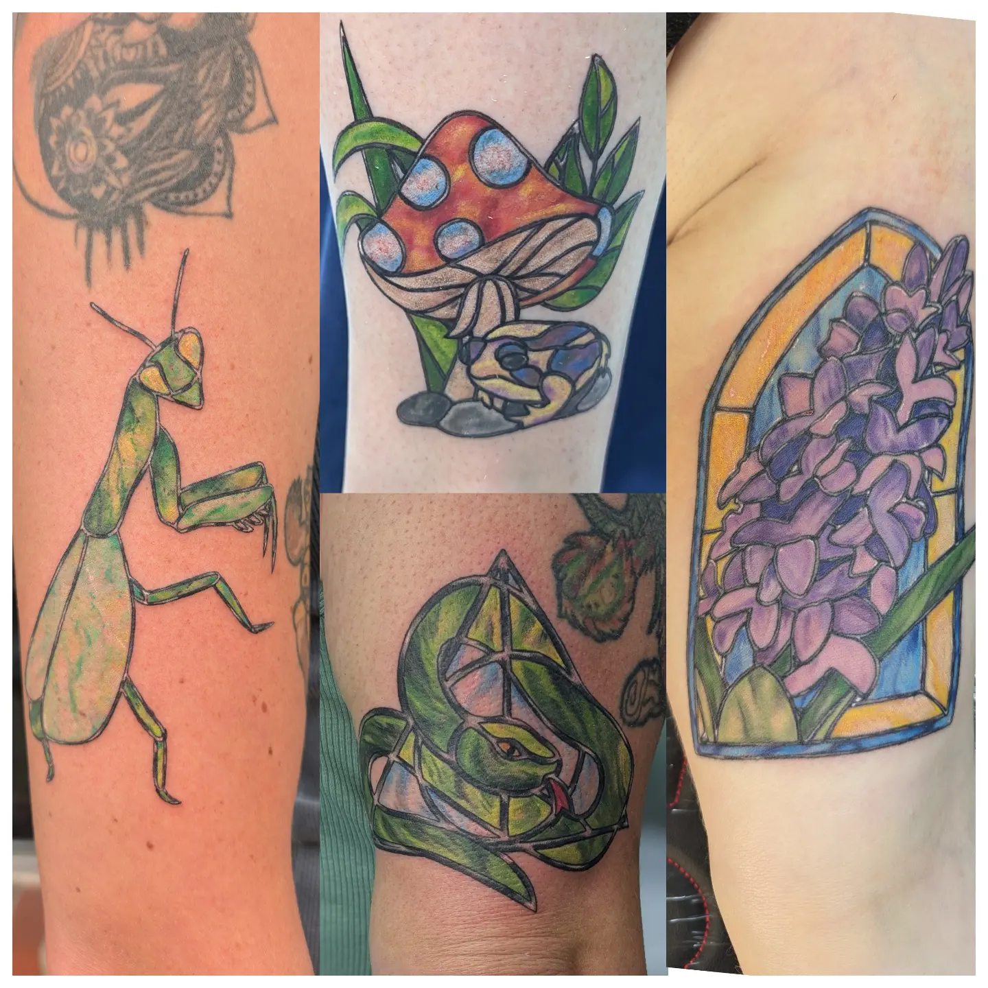 Mantis new school tattoo on the forearm by Hannah Hayes, Livonia, Michigan