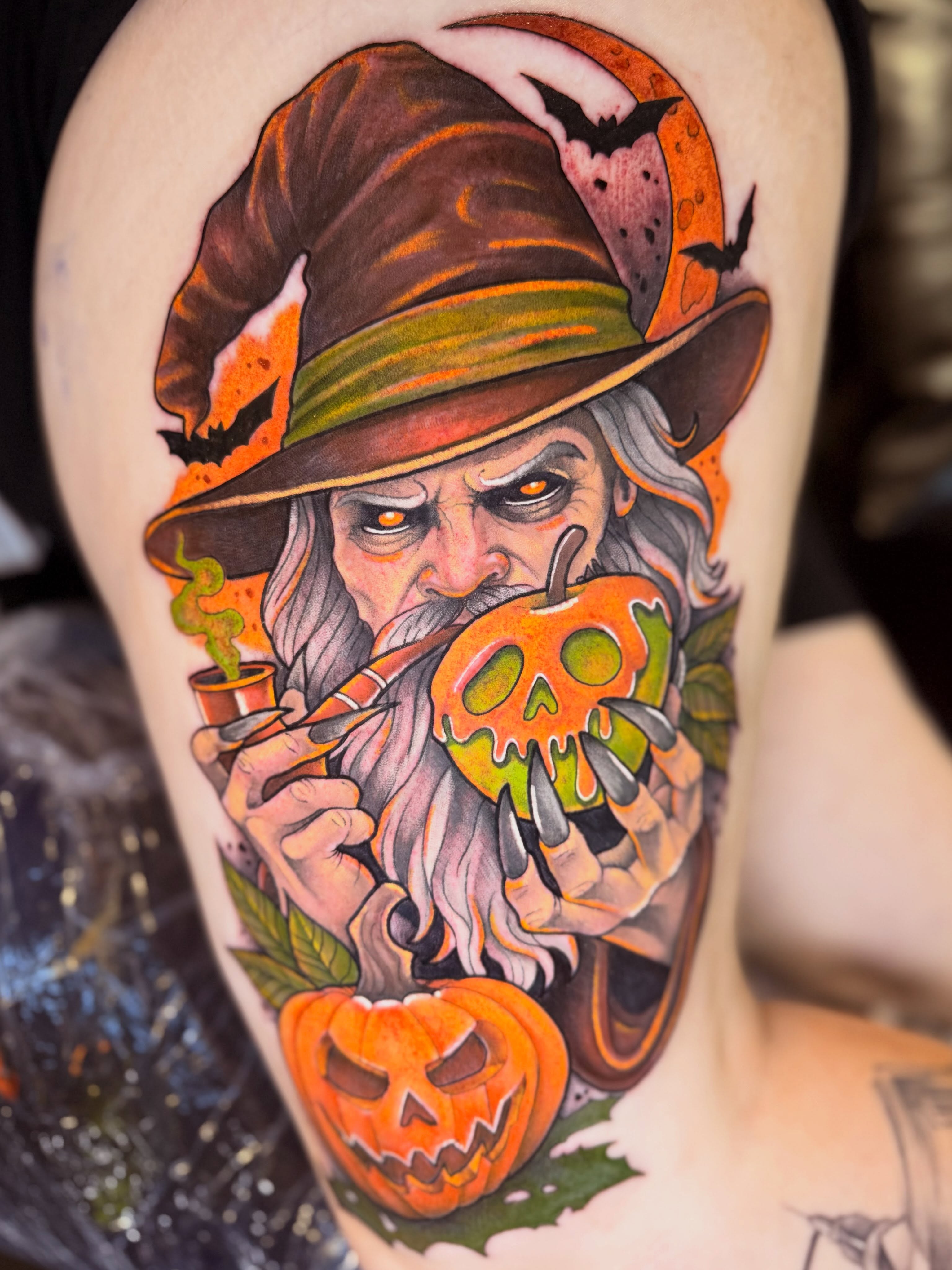 Wizard smoking American traditional tattoo on the thigh by Taylor Steckman