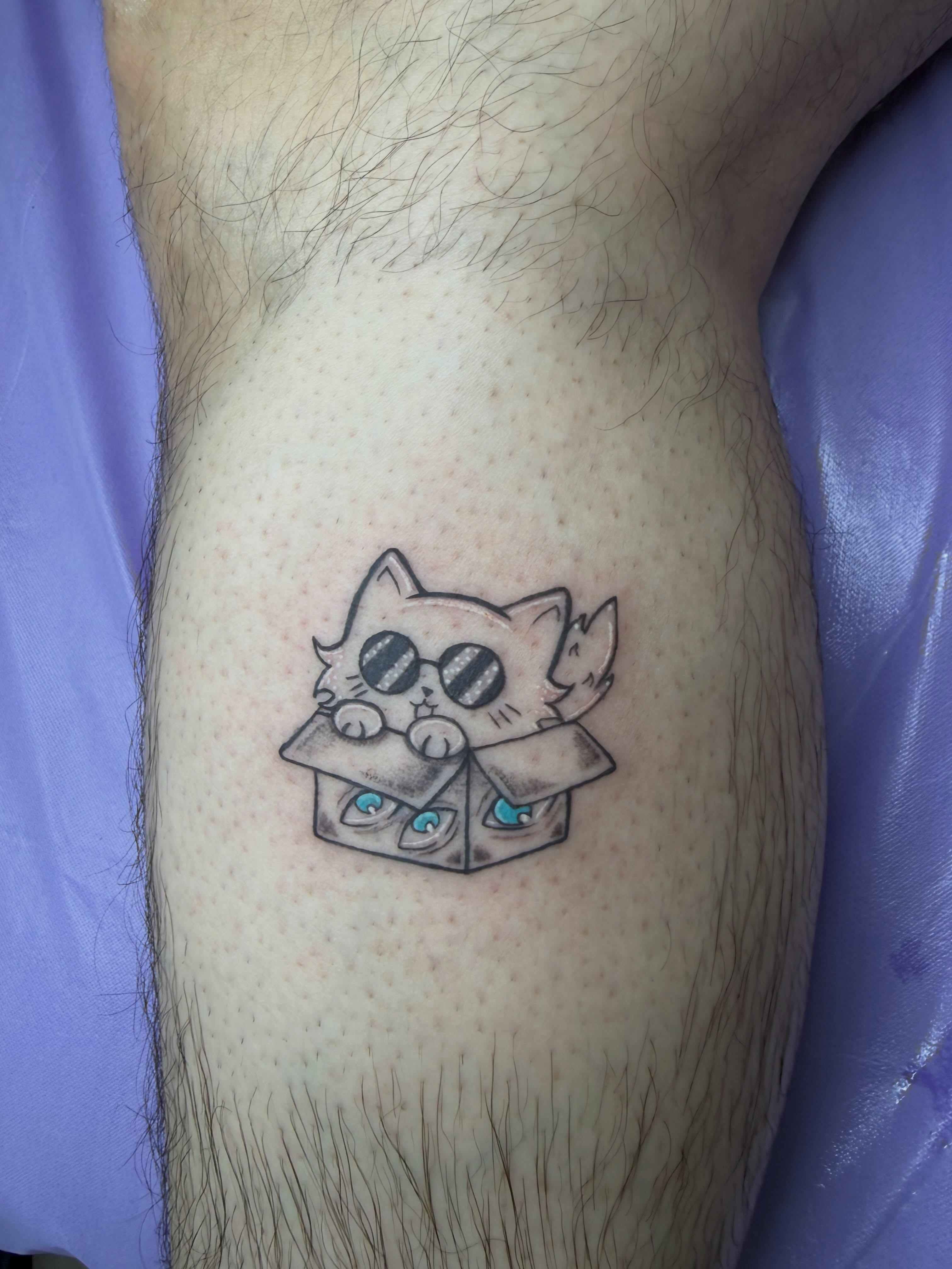 Cat in box dotwork tattoo on the thigh by Krystinä