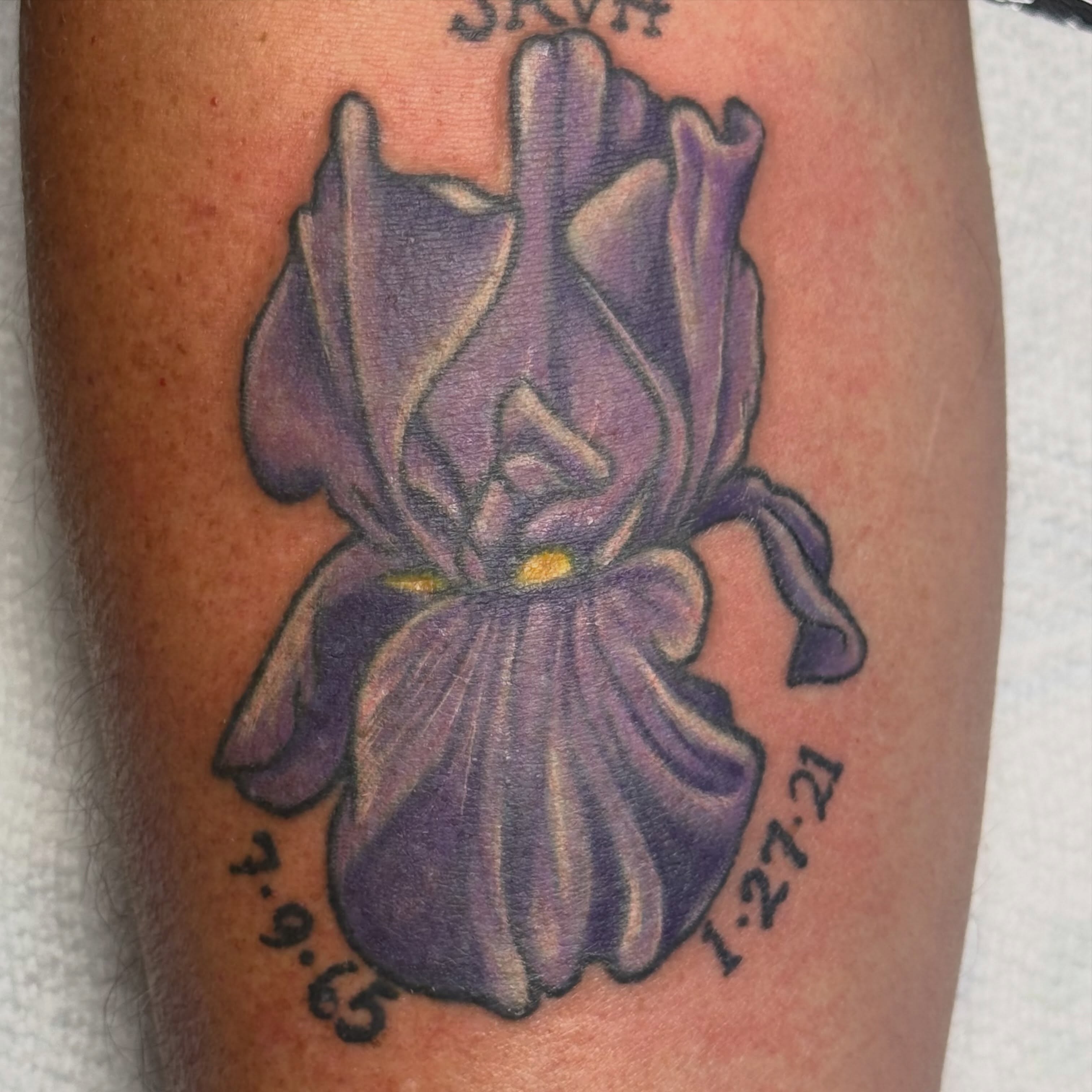 Purple iris realism tattoo on the forearm by Lauren Horness