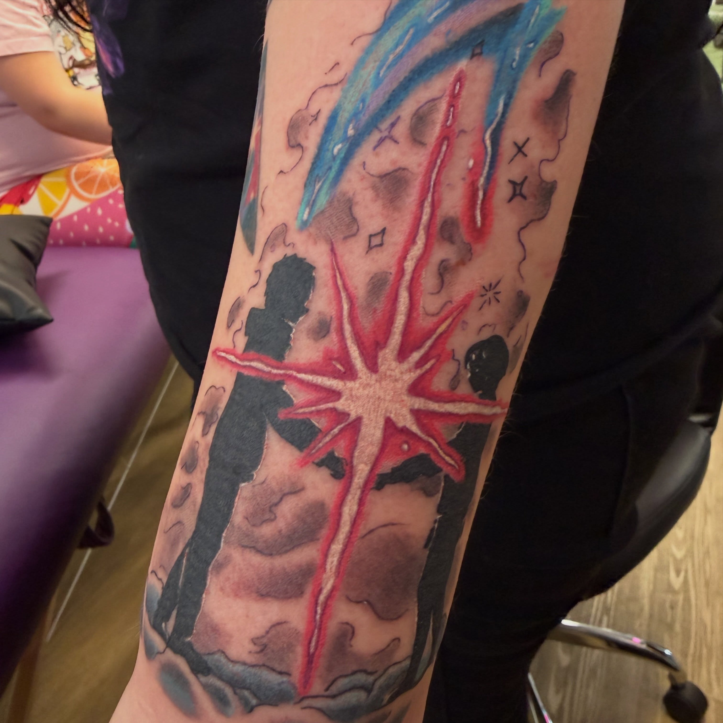 Cosmic explosion dotwork tattoo on the forearm by Christopher Anderson-arnesen