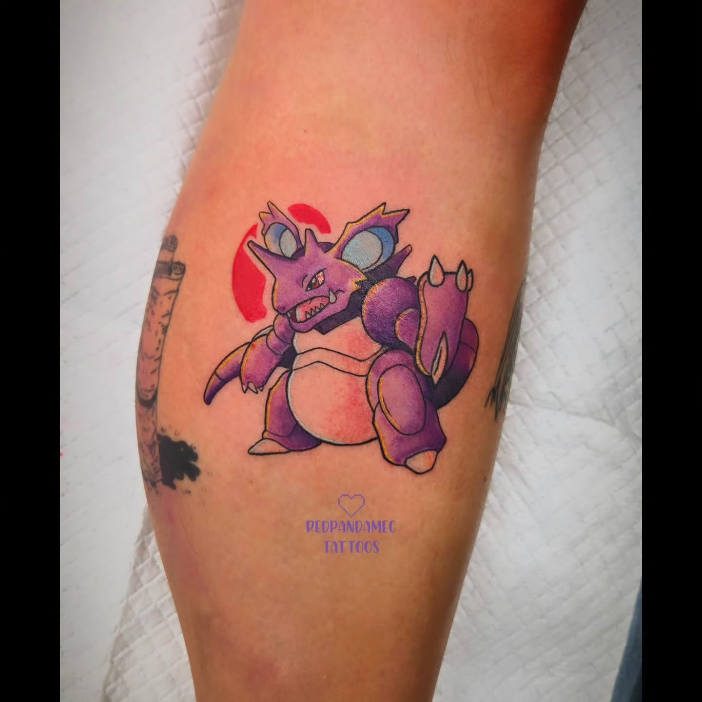 Rhyhorn dotwork tattoo on the forearm by Meghan Hounsell