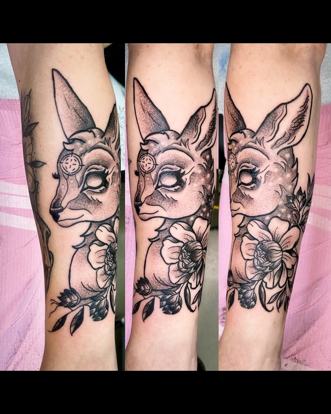Deer with floral elements realism tattoo on the forearm by Shay Cole