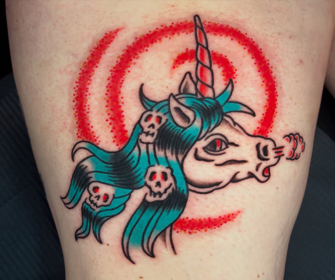 Unicorn with skulls dotwork tattoo on the thigh by ๐๐ช๐๐ซ๐ก๐ ๐๐ฏ๐ถ๐ฉ๐