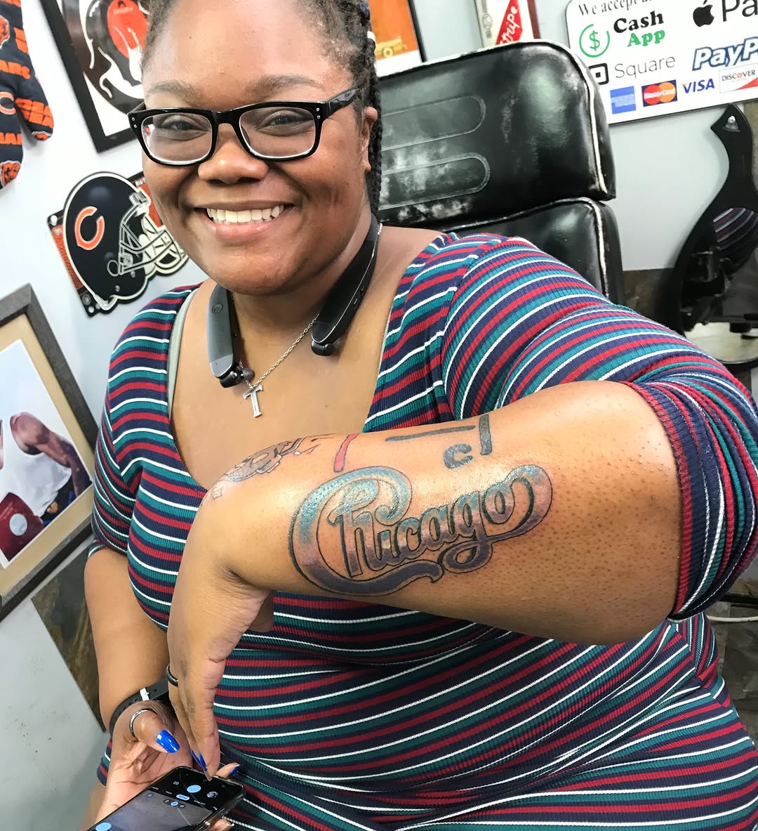Chicago lettering script tattoo on the forearm by Christian Goines, Memphis, Tennessee