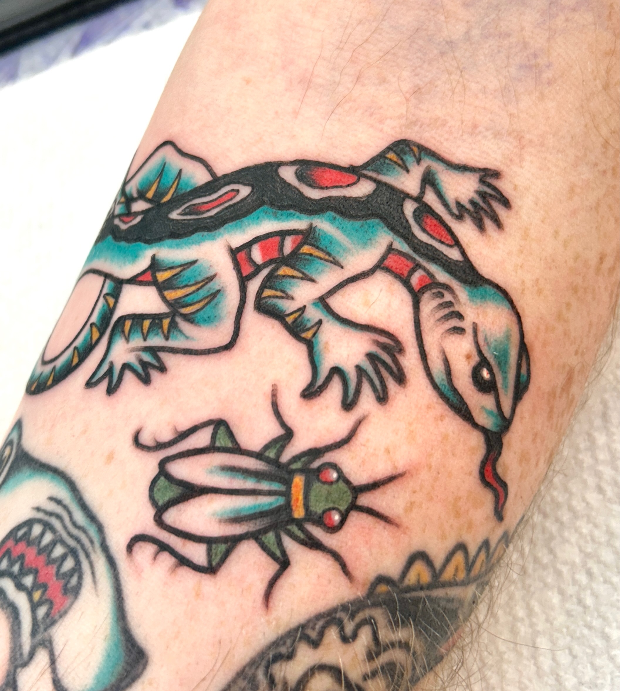 Insect and dragon American traditional tattoo on the forearm by Dylan James