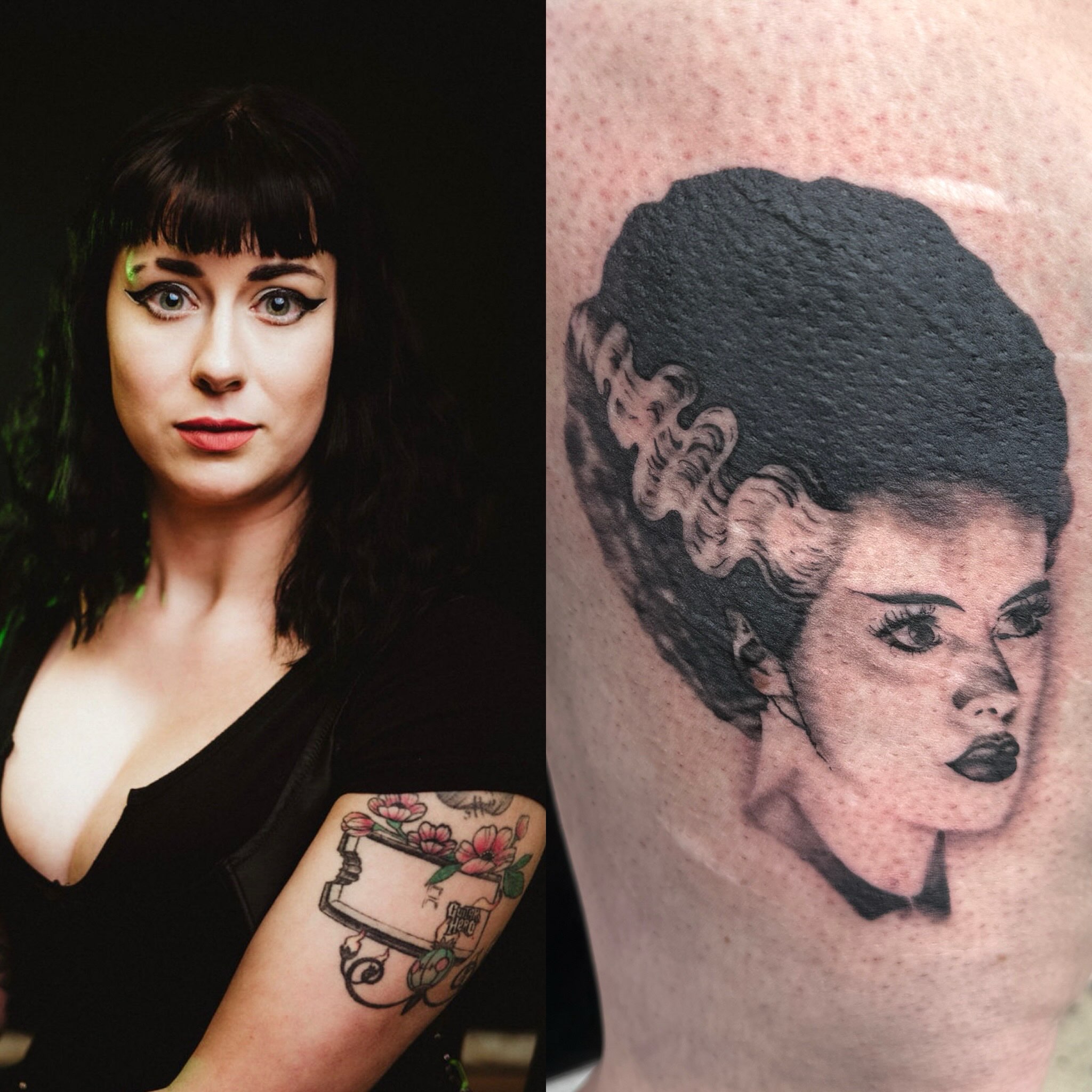 Woman's portrait realism tattoo on the shoulder by Scout Meyer