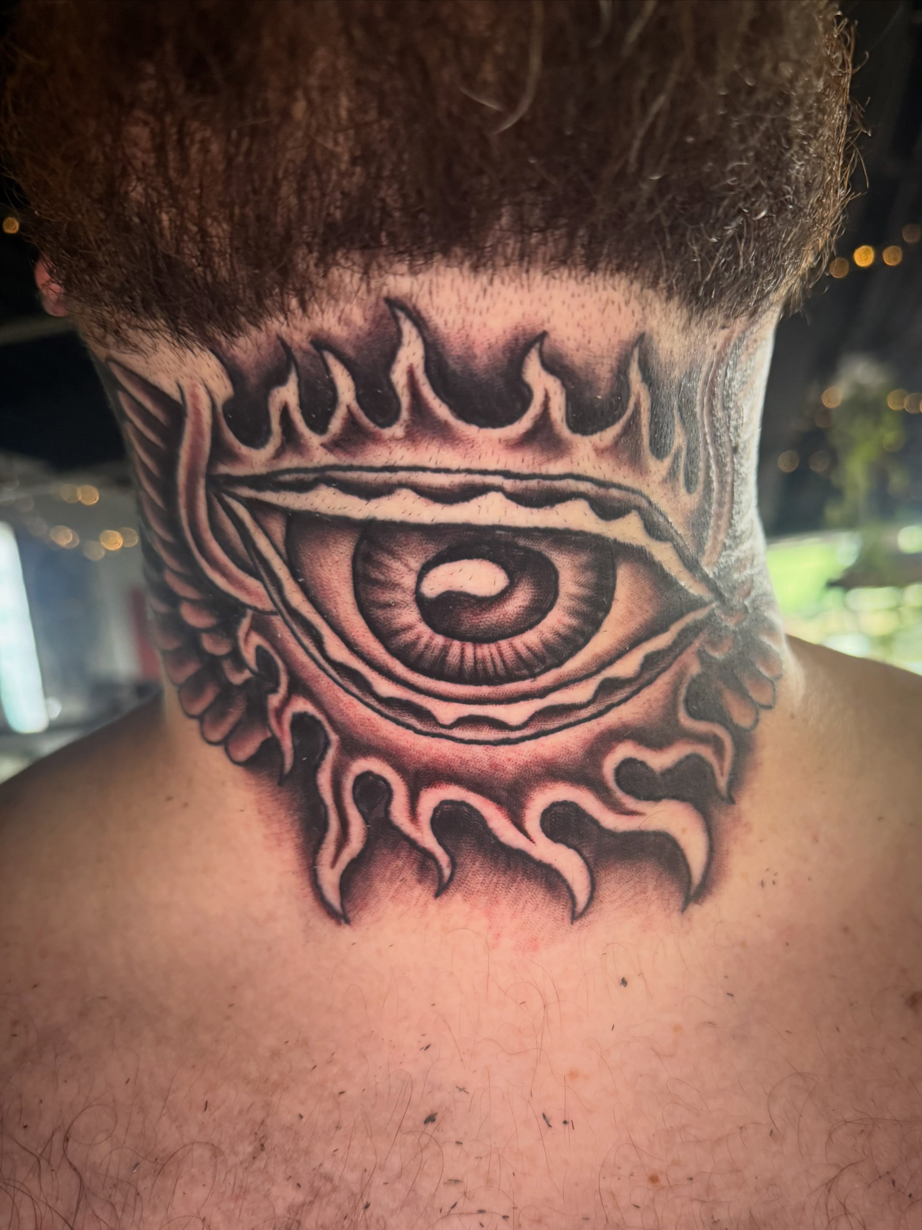 Eye black and grey tattoo on the neck by Jake Horstman, Dayton, Ohio