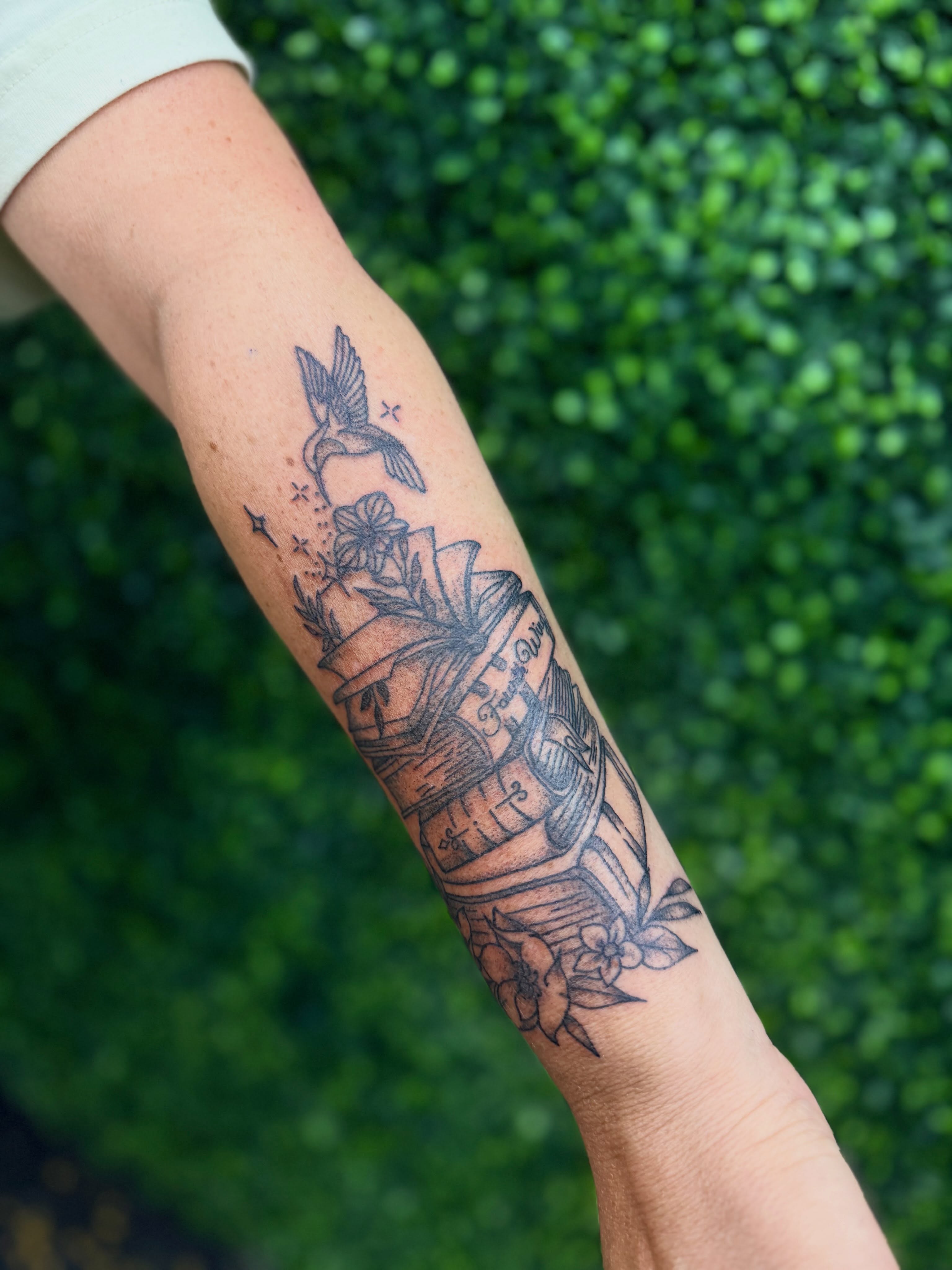 Ship and hummingbird black and grey tattoo on the forearm by Alesia