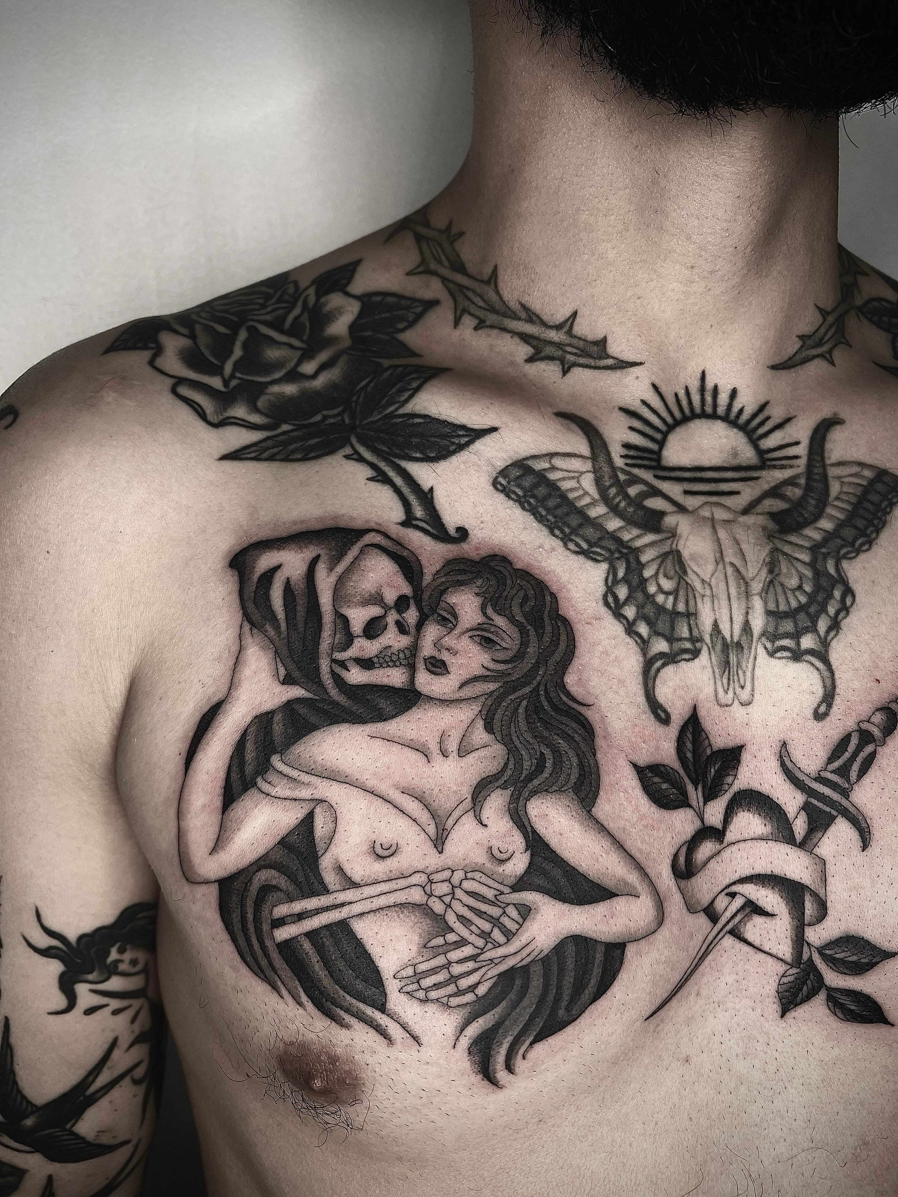 Mermaid and skeleton realism tattoo on the chest by linahsiaotattoo