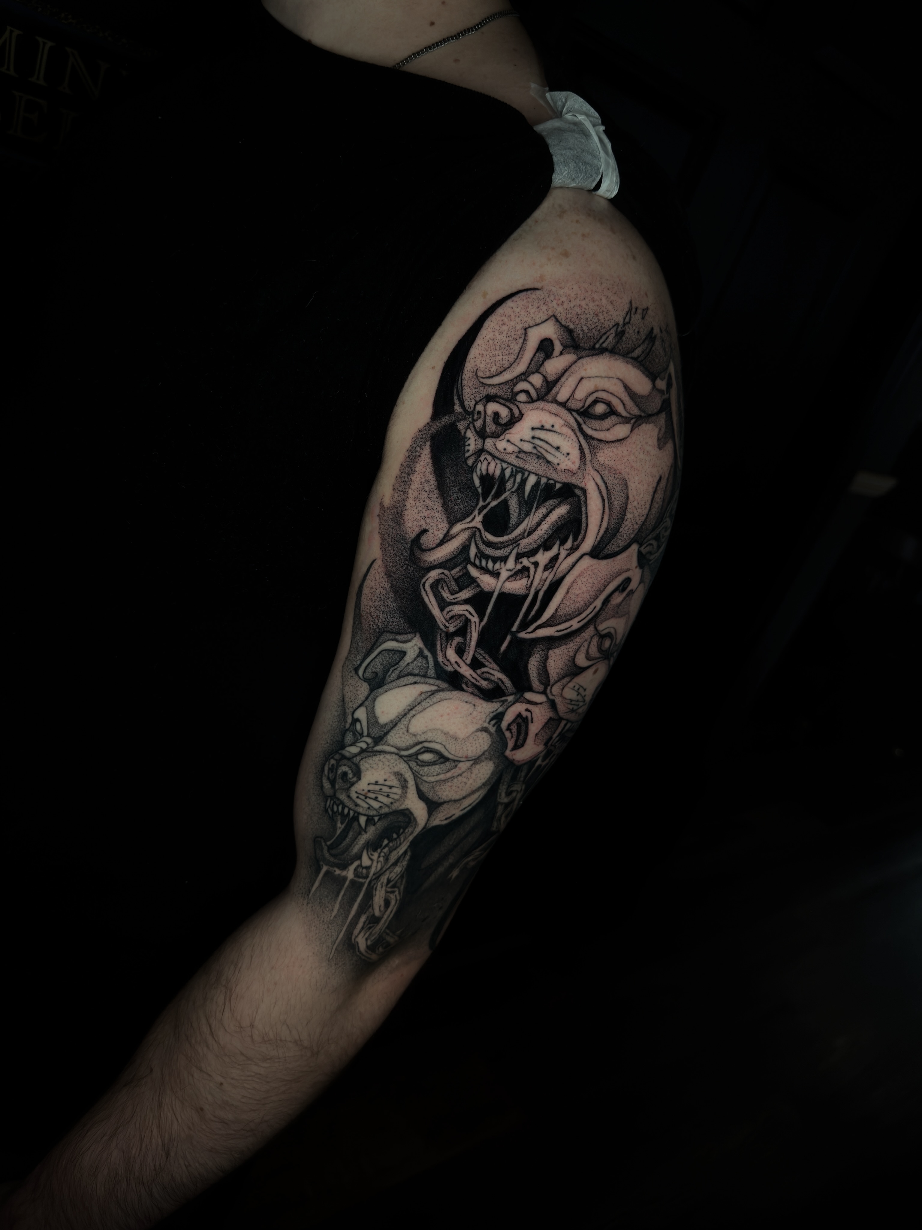 Demon and dog dotwork tattoo on the forearm by ๐ฎ๐๐๐ ๐ท๐๐๐๐ ๐ฑ๐๐๐๐๐