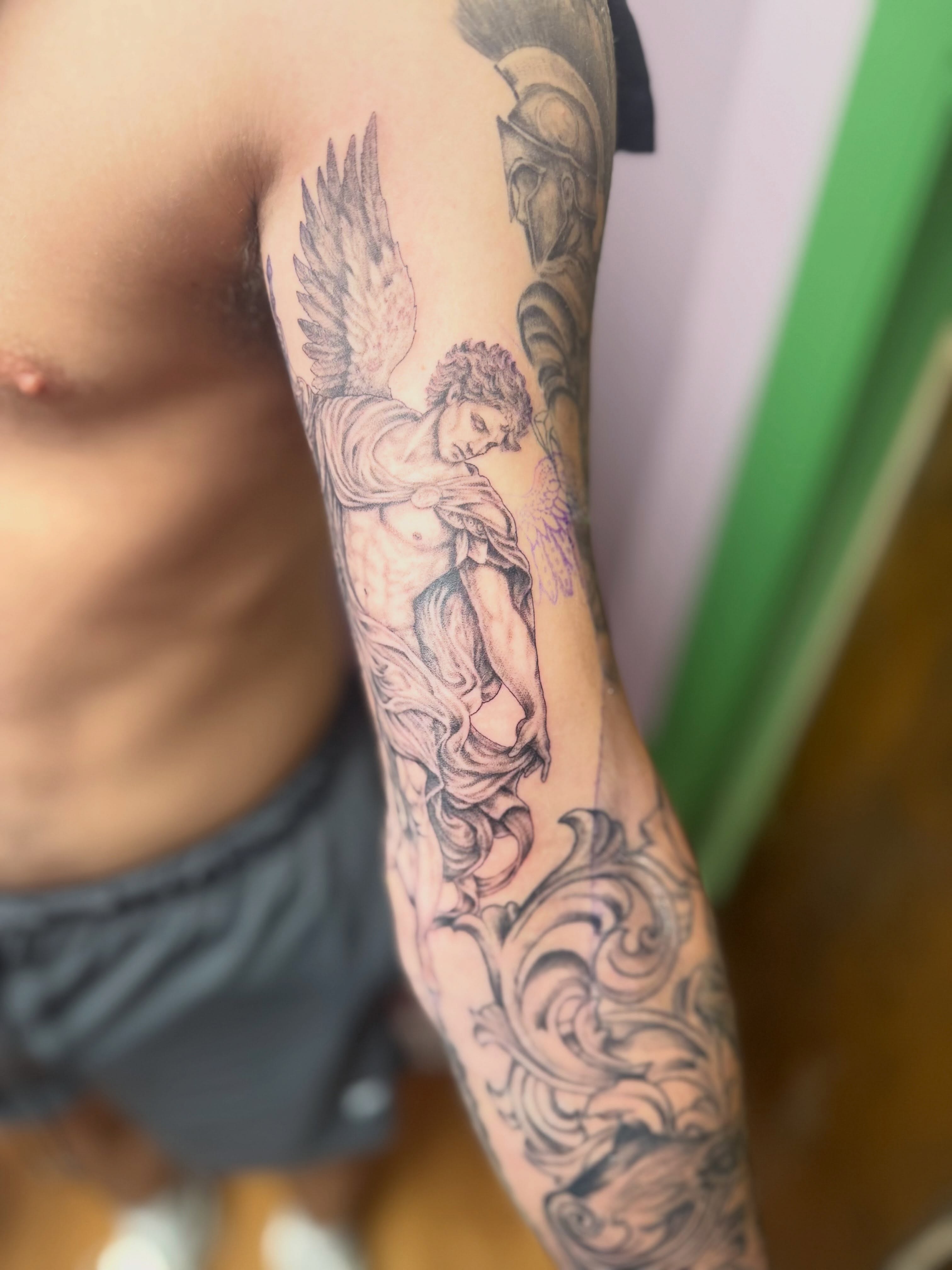 Angel black and grey tattoo on the forearm by Rebecca (Becca) Ray
