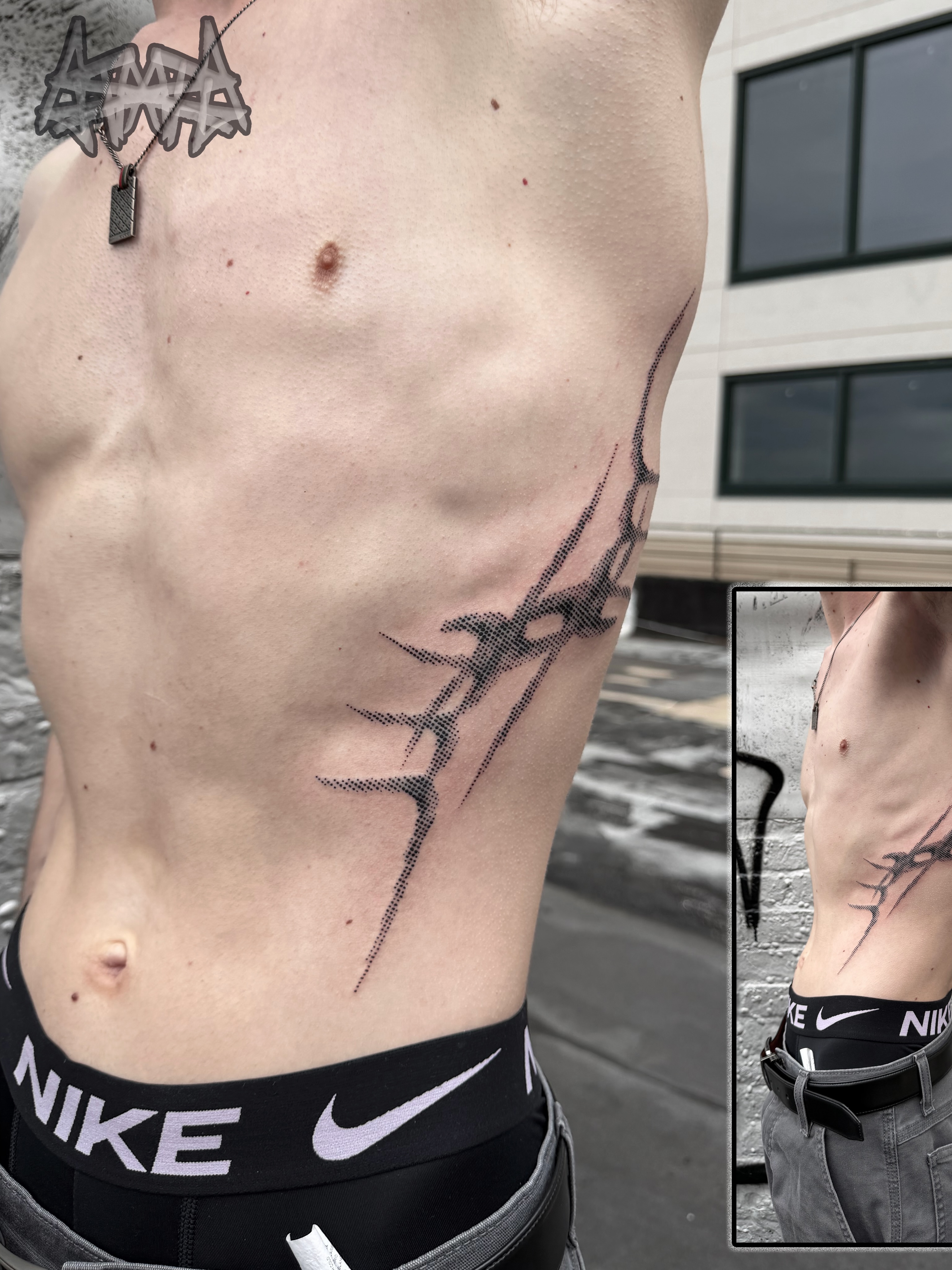 Barbed wire dotwork tattoo on the ribs by Haza