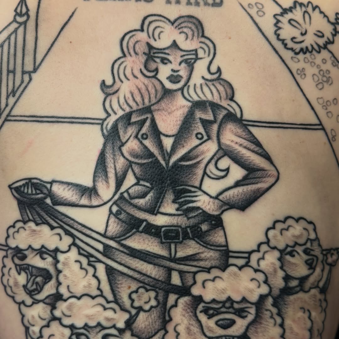 Woman with poodles black and grey tattoo on the torso by Traddy Maddie ๐