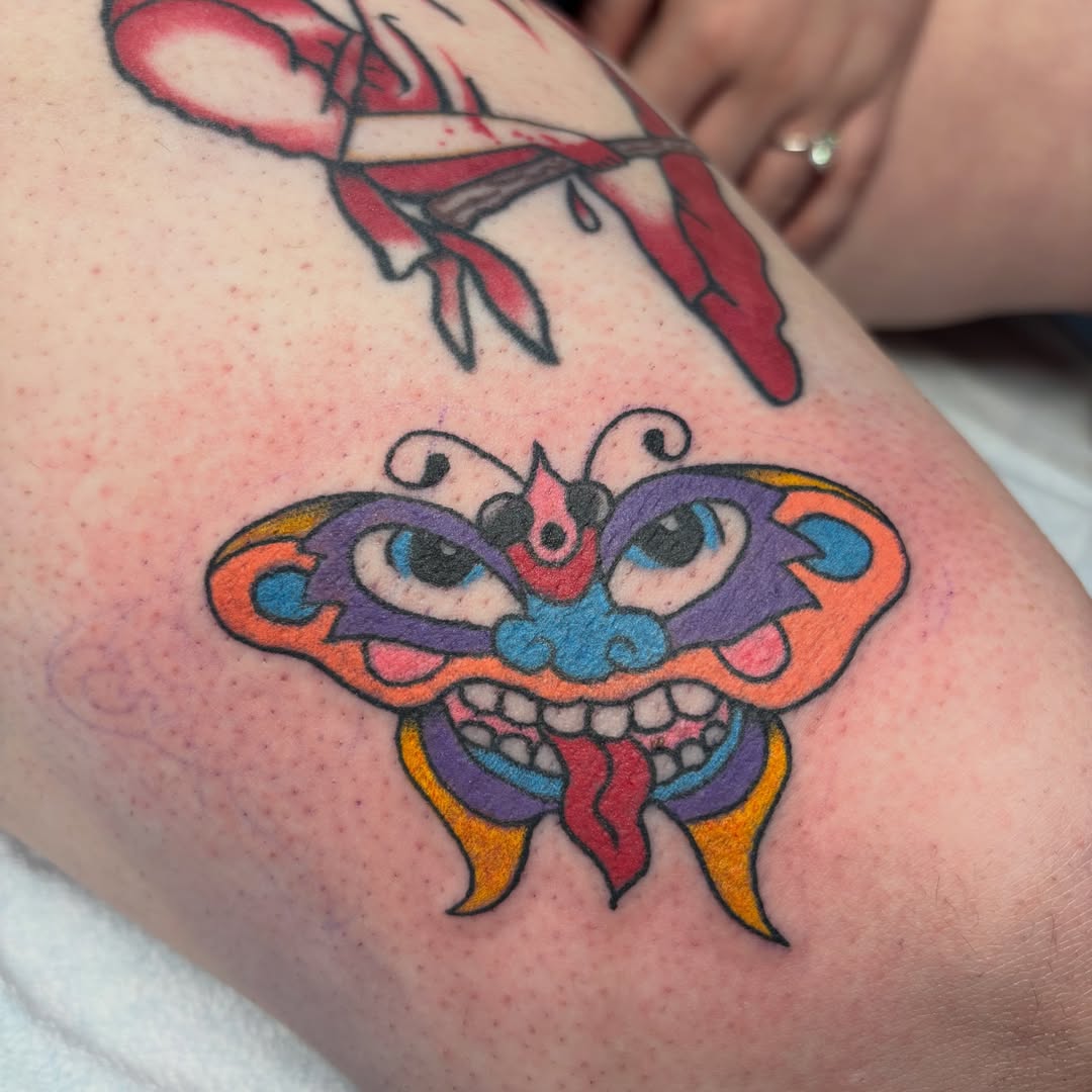 Mask new school tattoo on the thigh by ❁ Tat2friend ❁