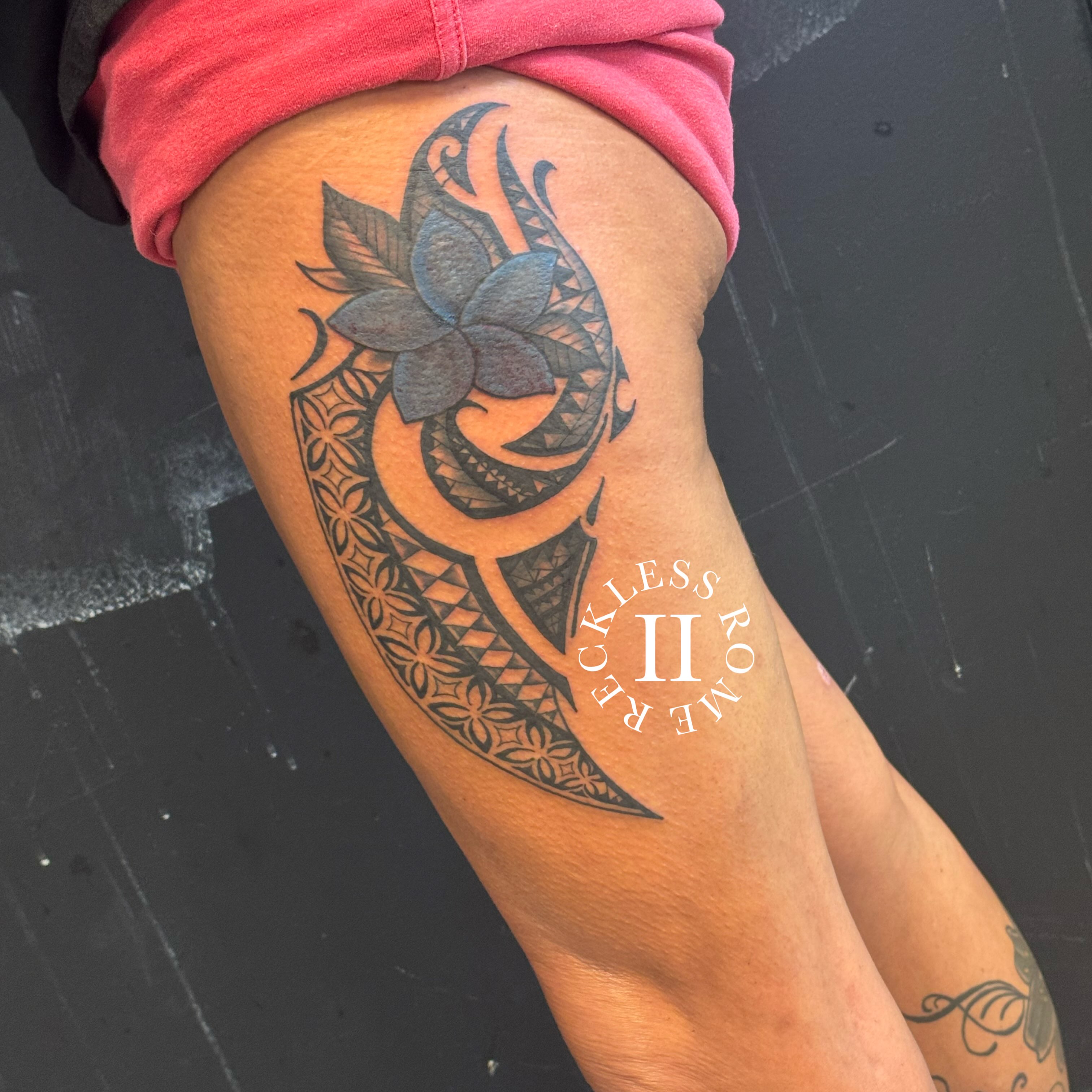 Tribal flower tribal tattoo on the thigh by Rome