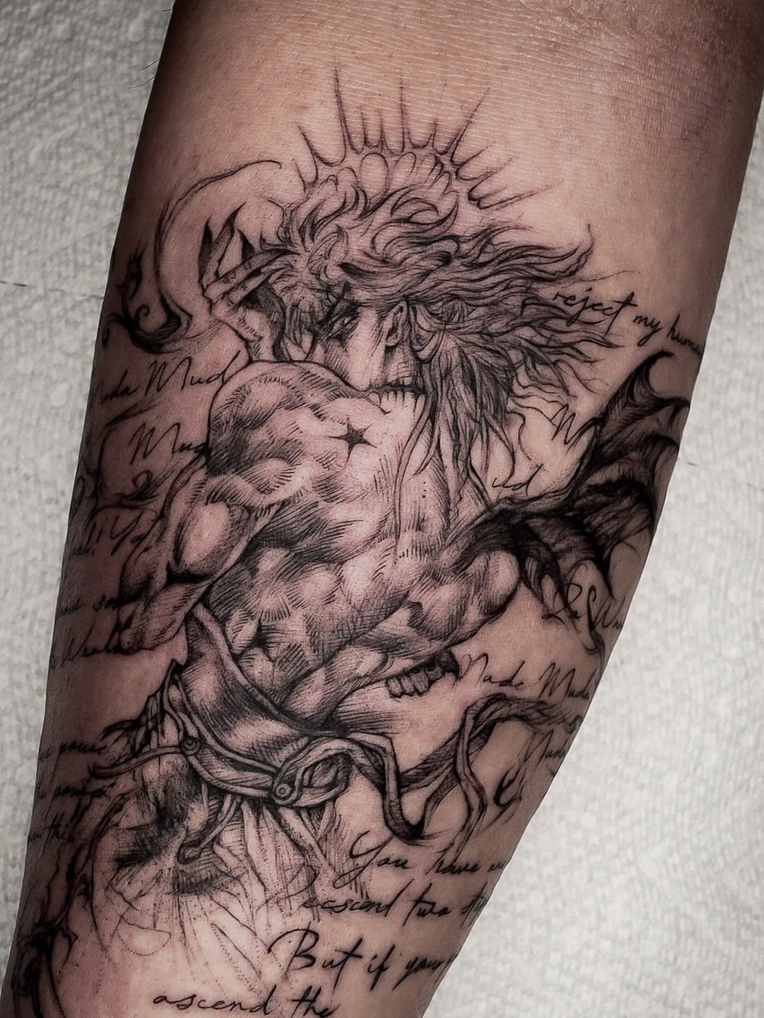 Mythical creature black and grey tattoo on the forearm by Chris Jang