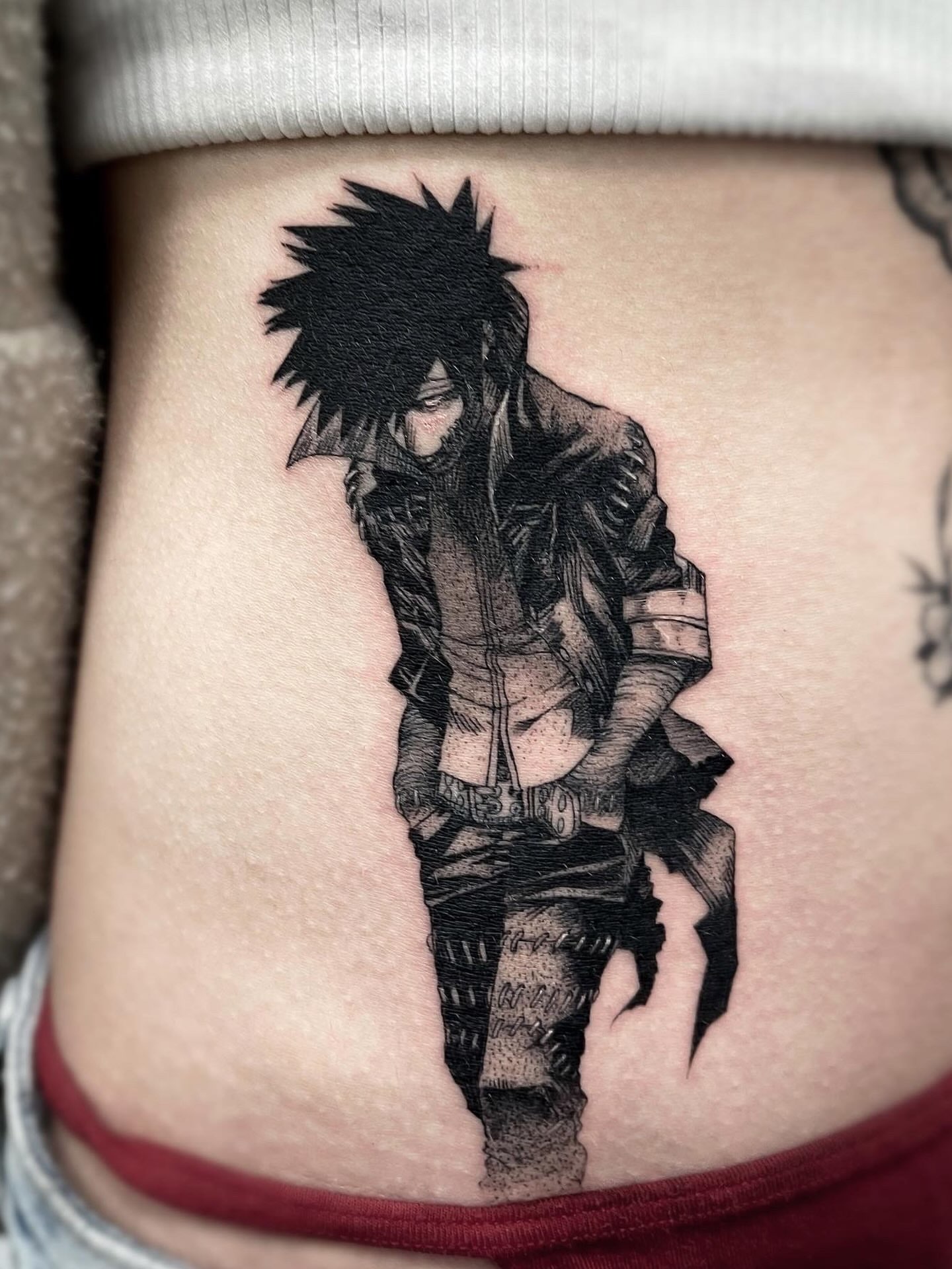 Anime character anime tattoo on the thigh by Chris Jang