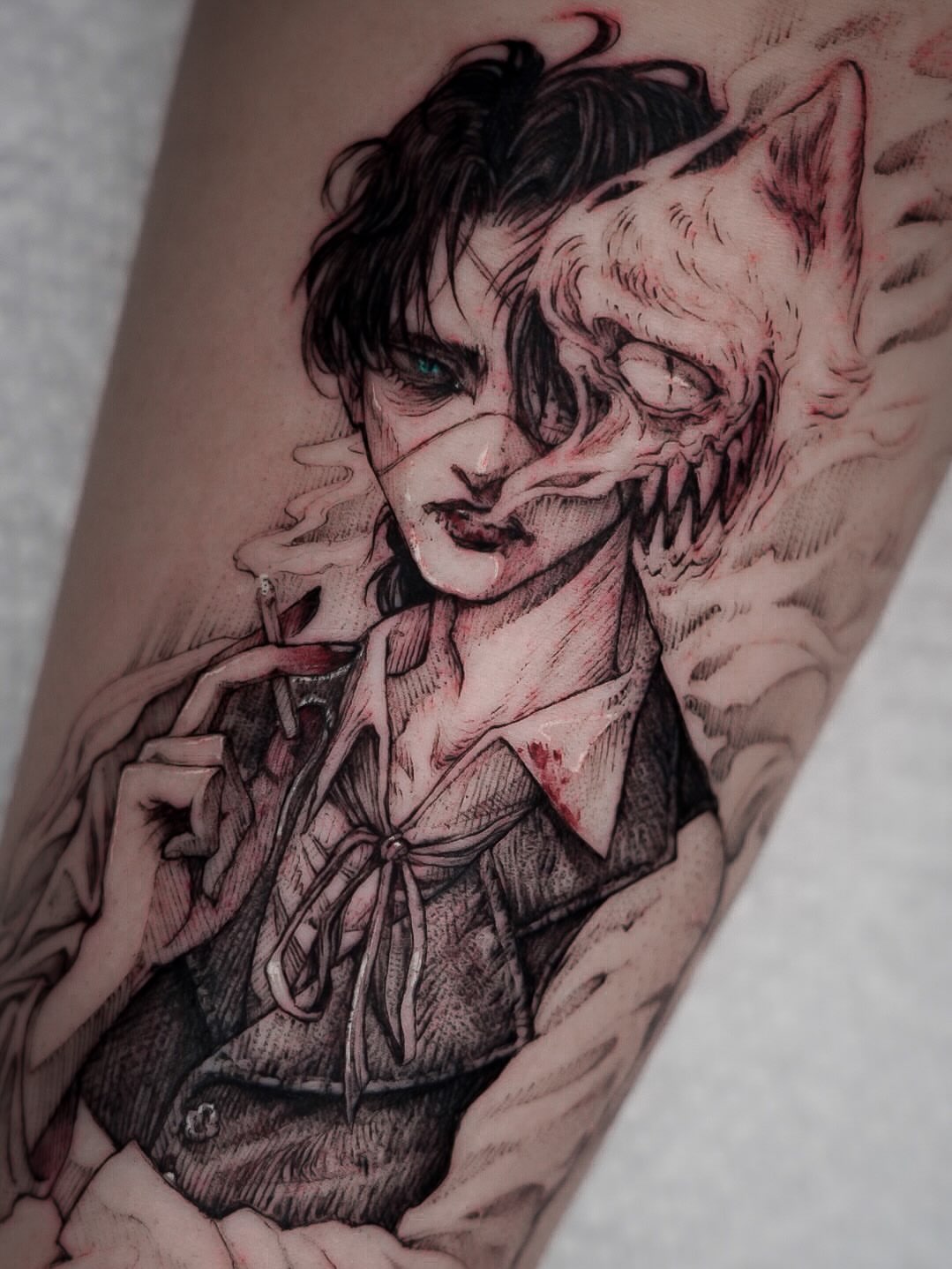 Woman with demon dark realism tattoo on the forearm by Chris Jang