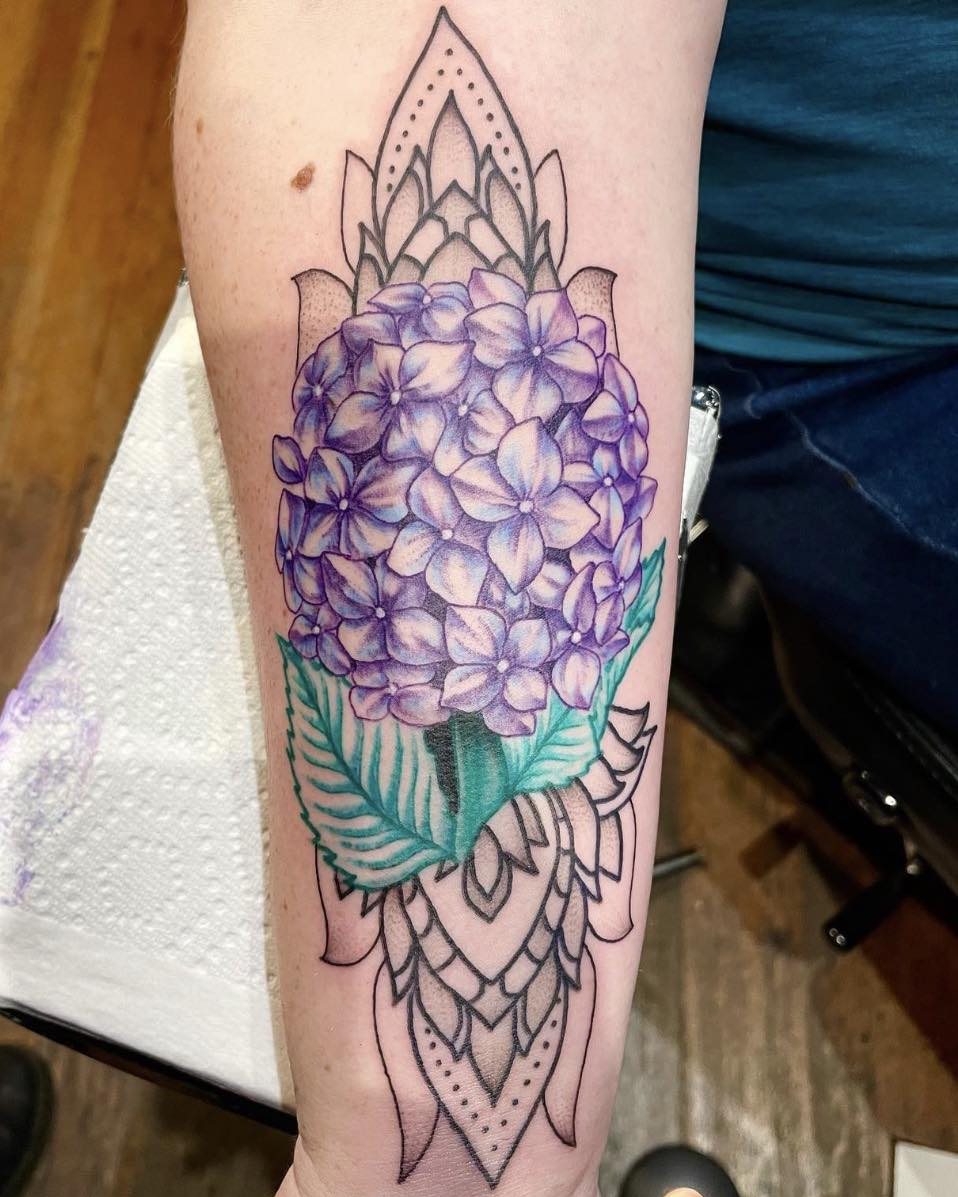Hydrangea dotwork tattoo on the forearm by Josh O’ + Bird ☘️ 🪶