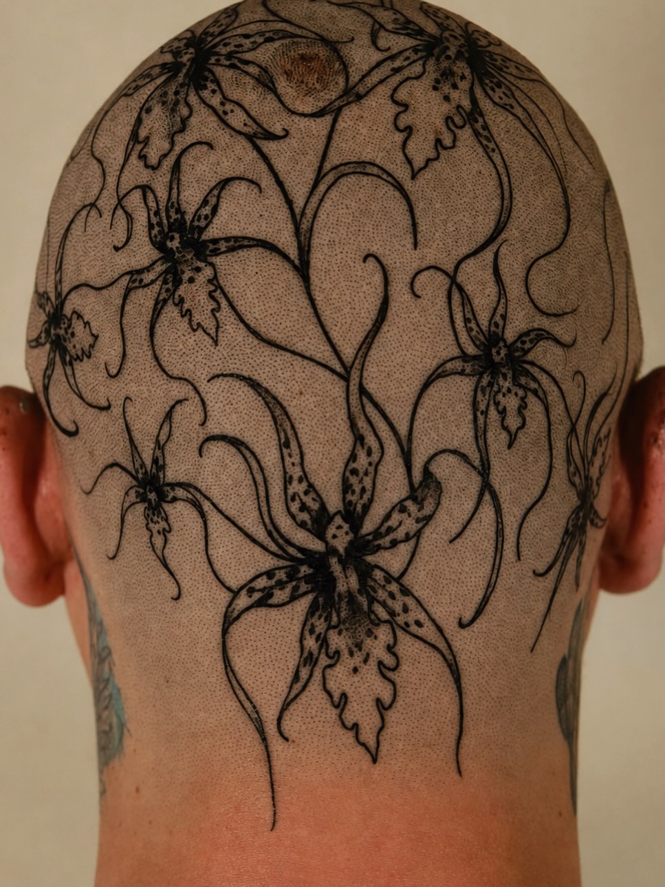 Orchids black and grey tattoo on the head by macie ❥ austin tattoo artist, Austin, Texas