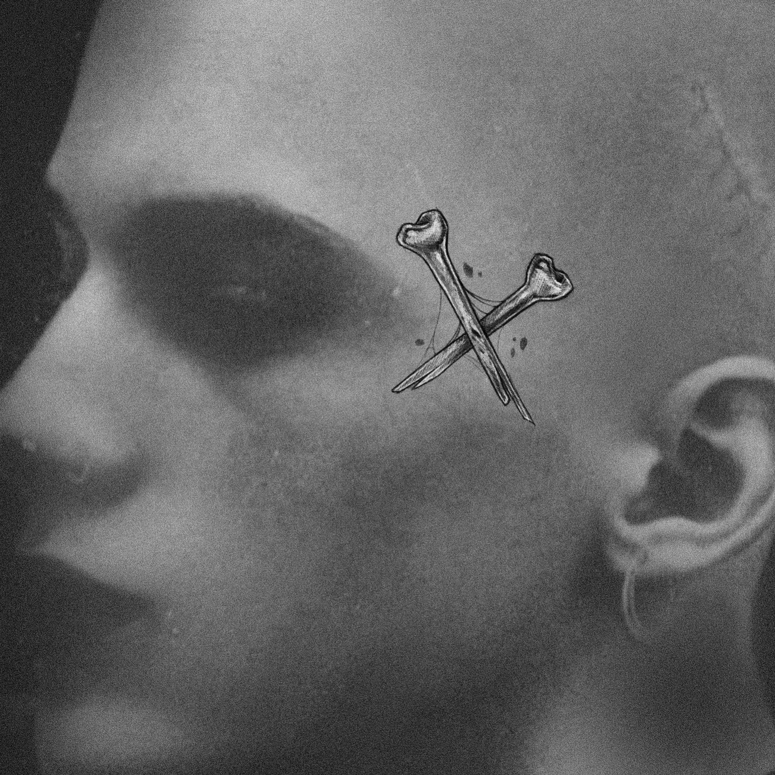 Crossbones black and grey tattoo on the neck by La Hyene