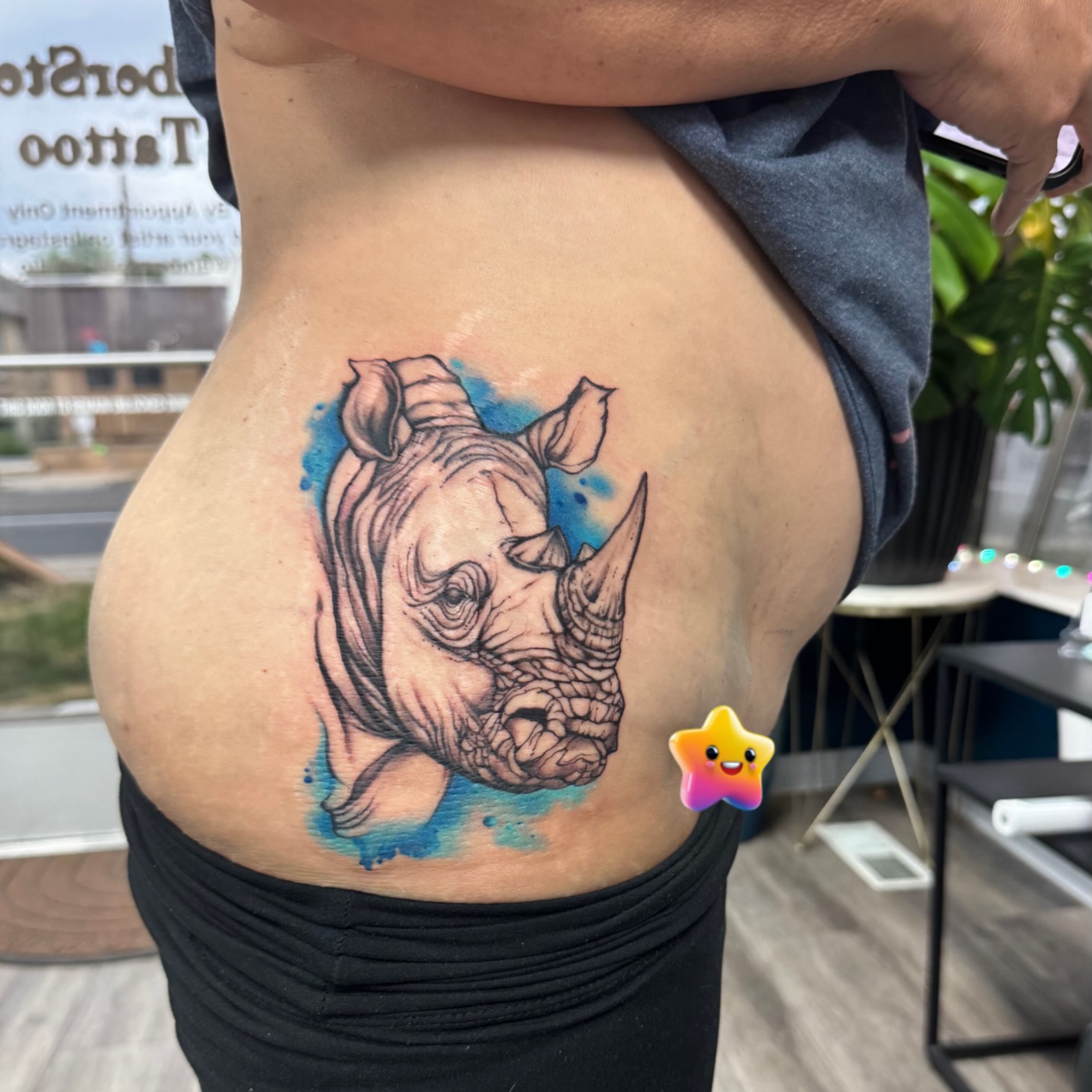 Rhino realism tattoo on the thigh by Robyn Mahon