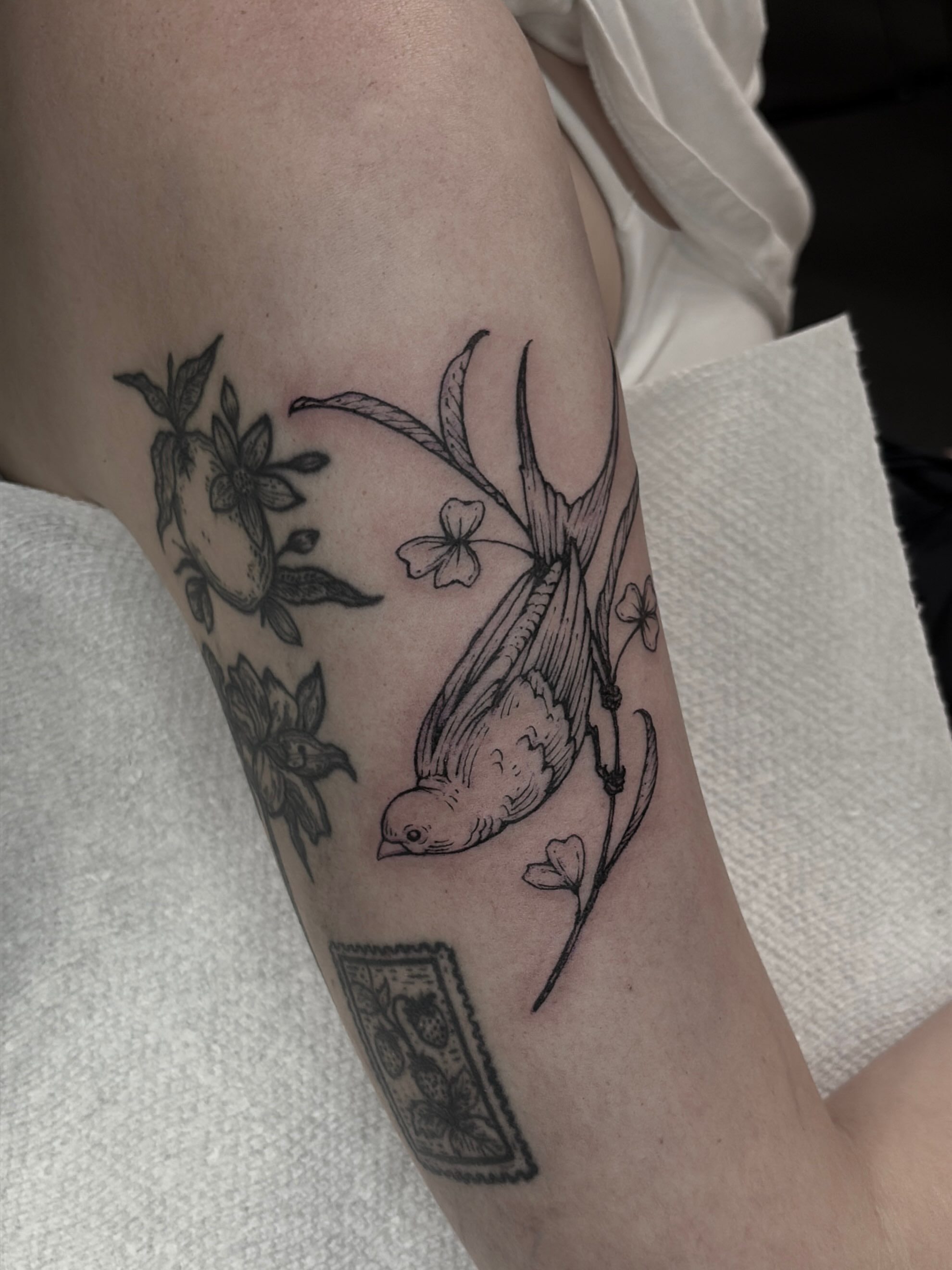 Bird and floral black and grey tattoo on the forearm by Harlee Hornsby