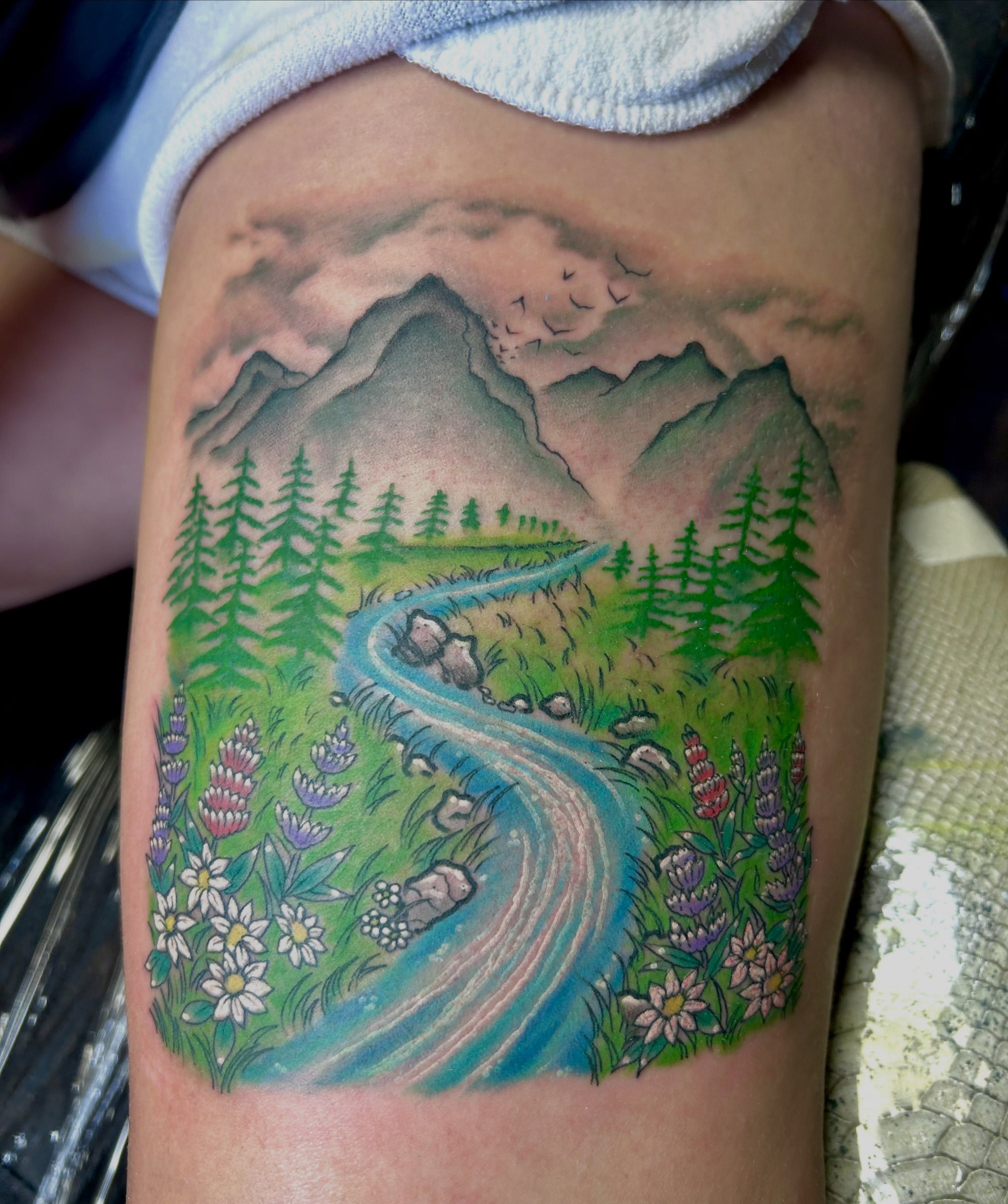 Mountain landscape realism tattoo on the thigh by darklord_666