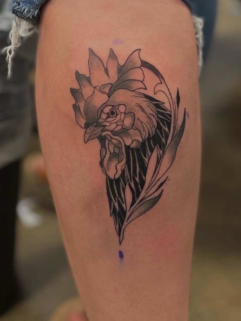 Rooster black and grey tattoo on the forearm by Tattoos by Fesik LLC