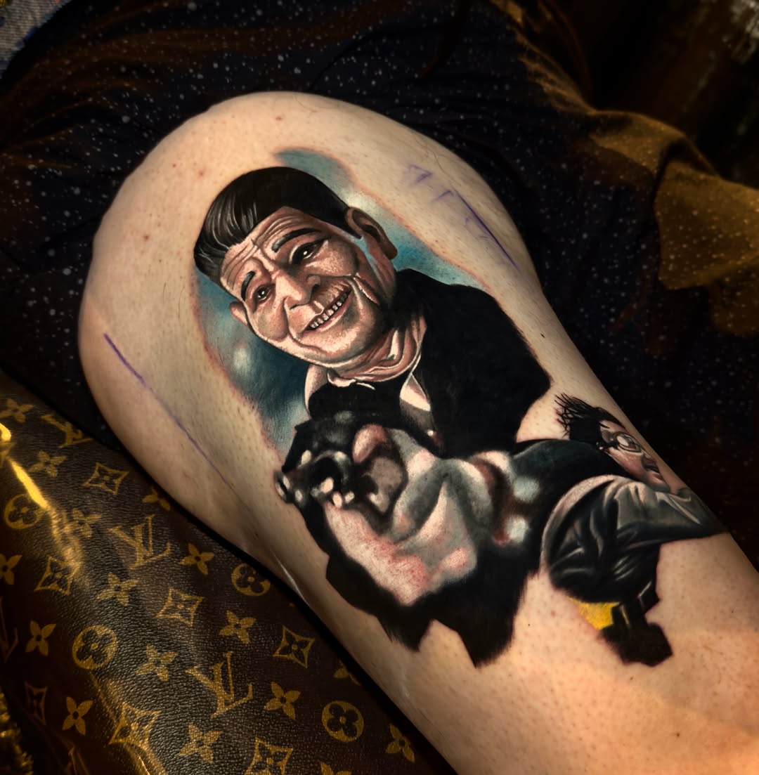 Frankenstein character realism tattoo on the thigh by Edward best