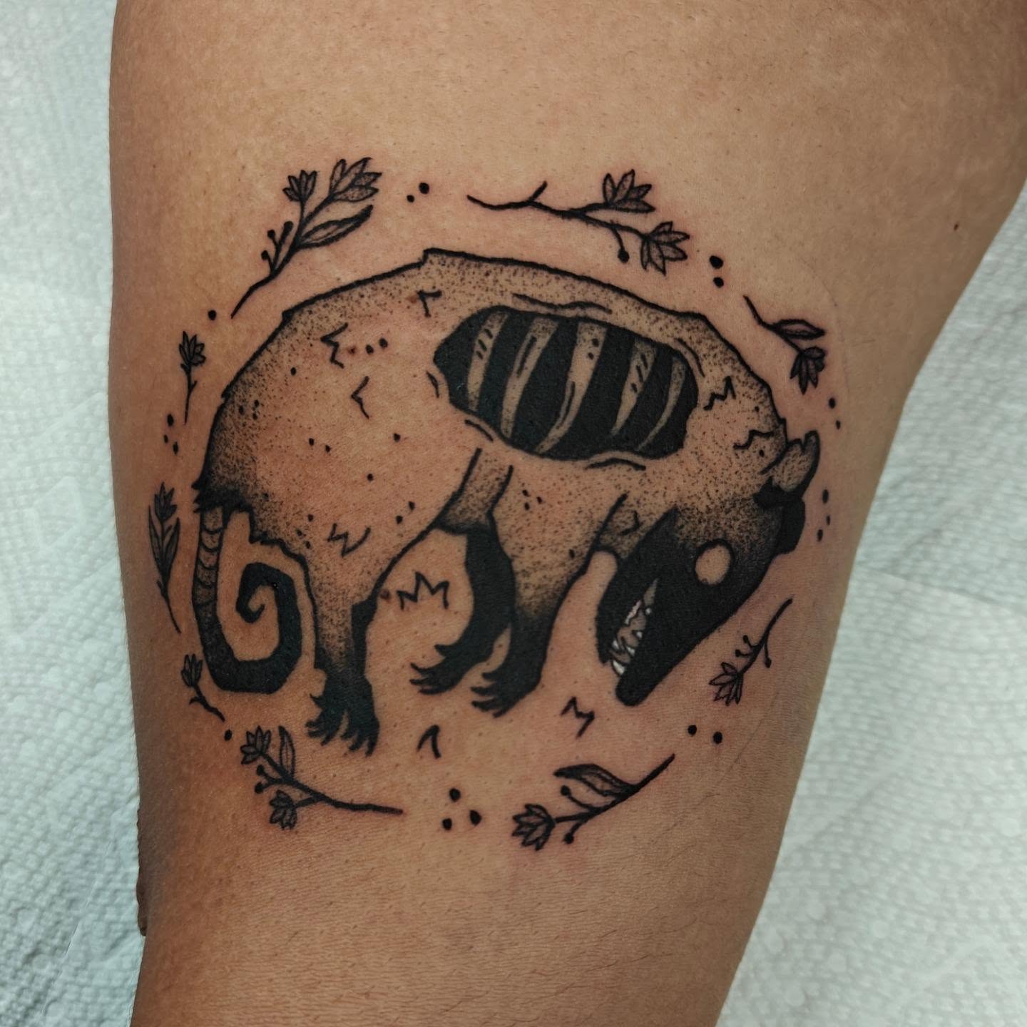 Buffalo dotwork tattoo on the thigh by Meg