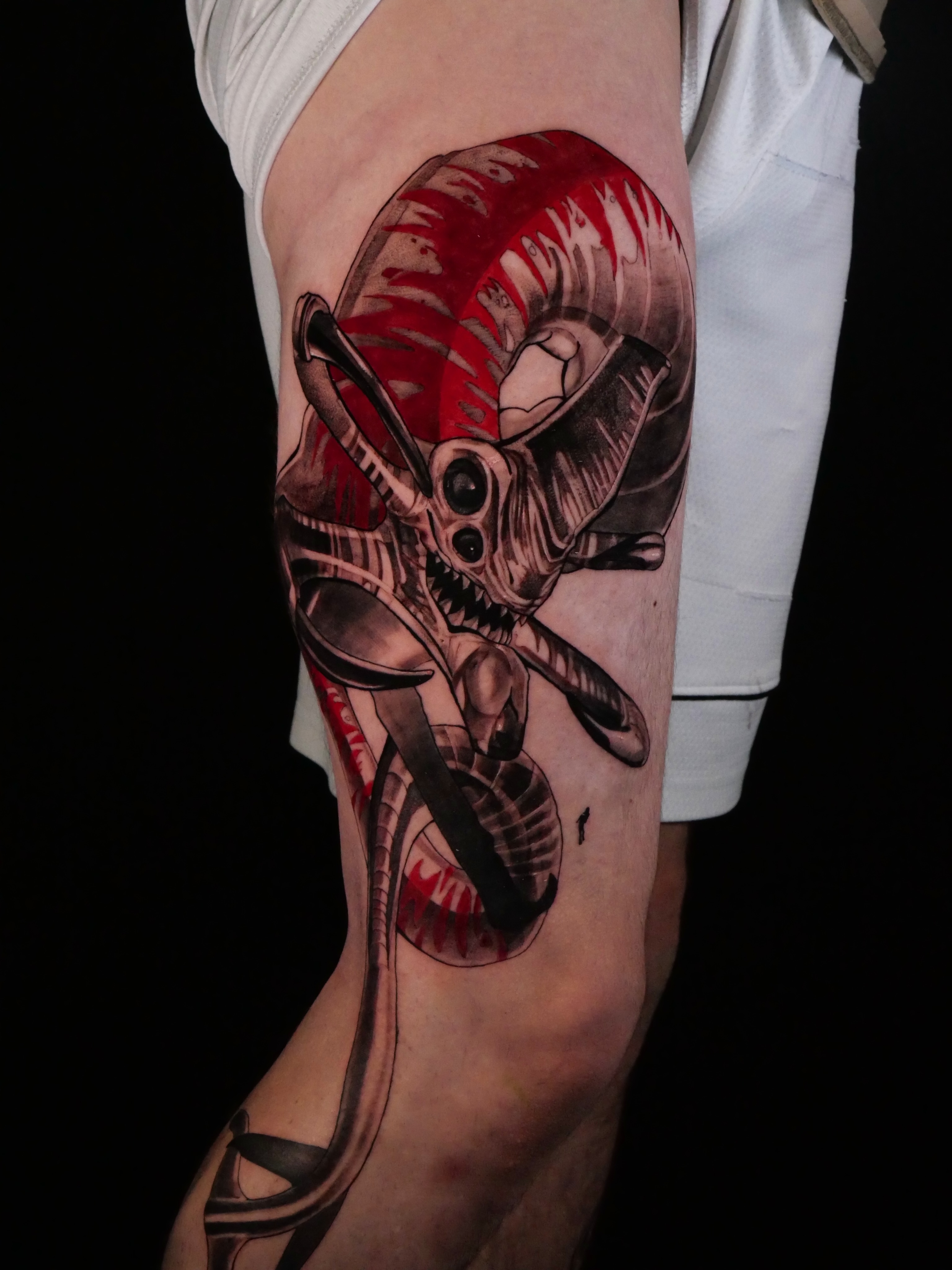 Alien creature dark realism tattoo on the forearm by Sloppy
